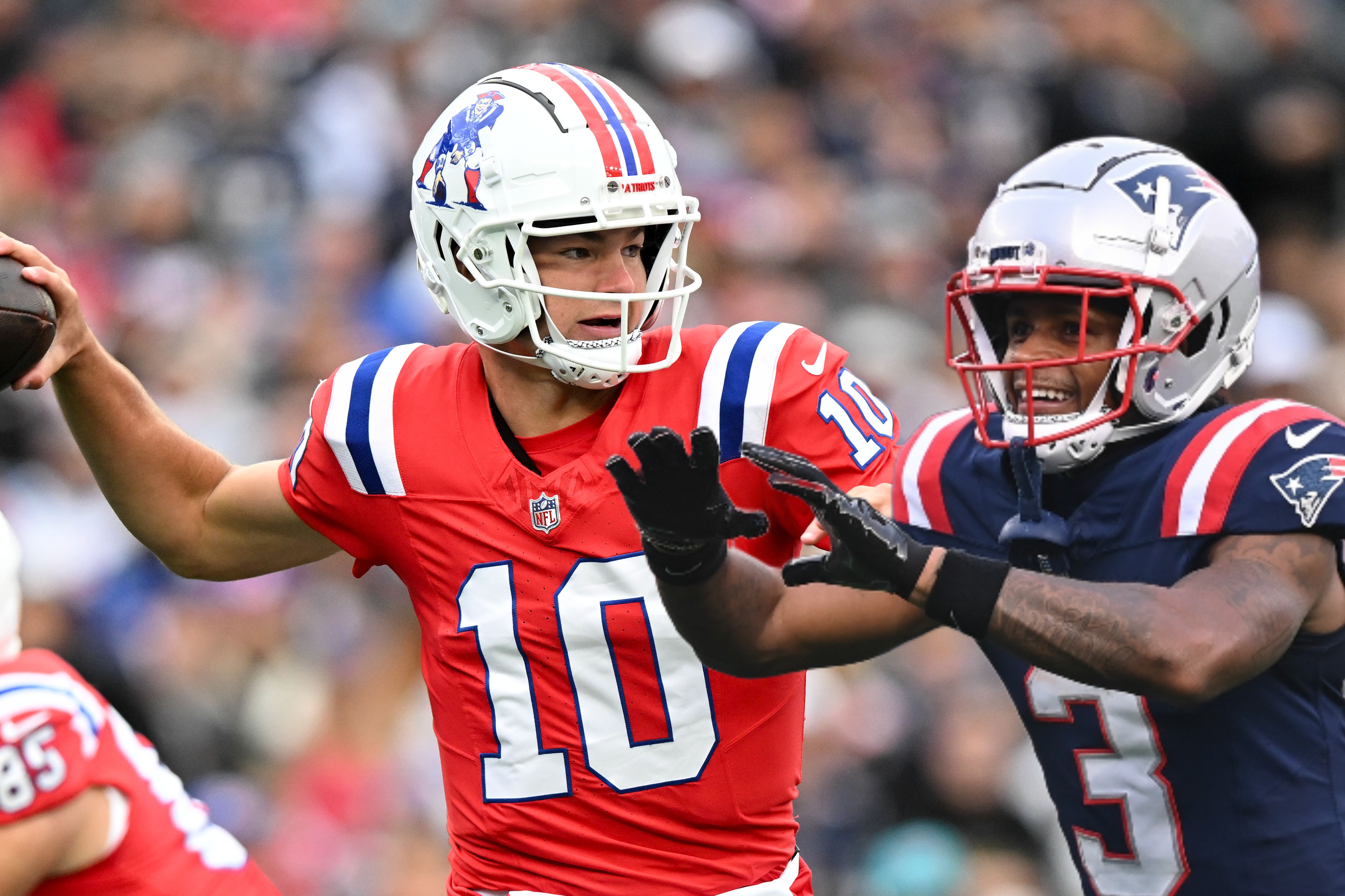 Aug 15, 2024; Foxborough, MA, USA; New England Patriots wide receiver DeMario Douglas (3) warms up before a game against the Philadelphia Eagles at Gillette Stadium. | Oct 13, 2024; Foxborough, Massachusetts, USA; New England Patriots quarterback Drake Maye (10) looks to throw against the Houston Texans during the first half at Gillette Stadium.