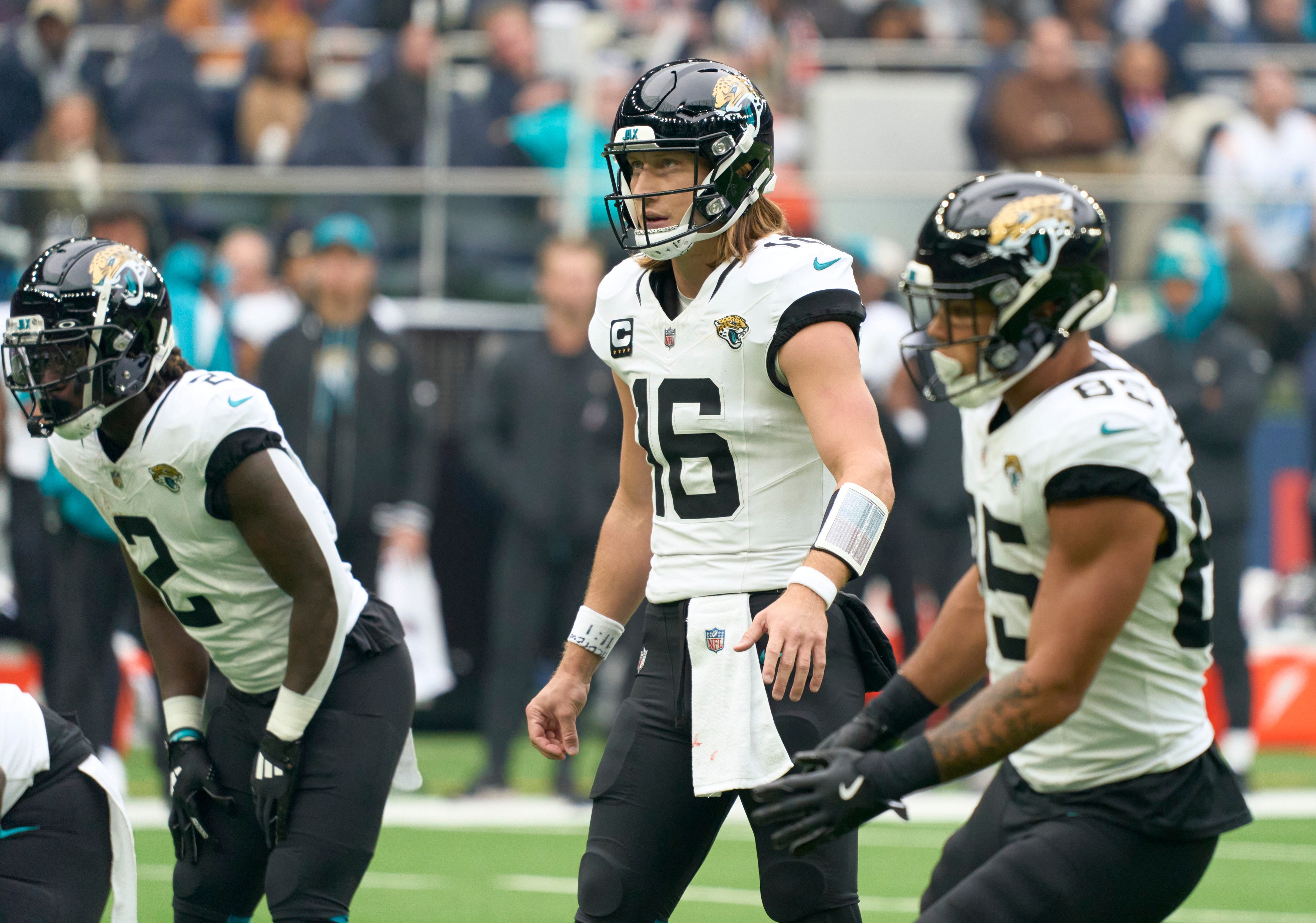 Oct 13, 2024; London, United Kingdom; Jacksonville Jaguars quarterback Trevor Lawrence (16) during the first half of an NFL International Series game against the Chicago Bears at Tottenham Hotspur Stadium.