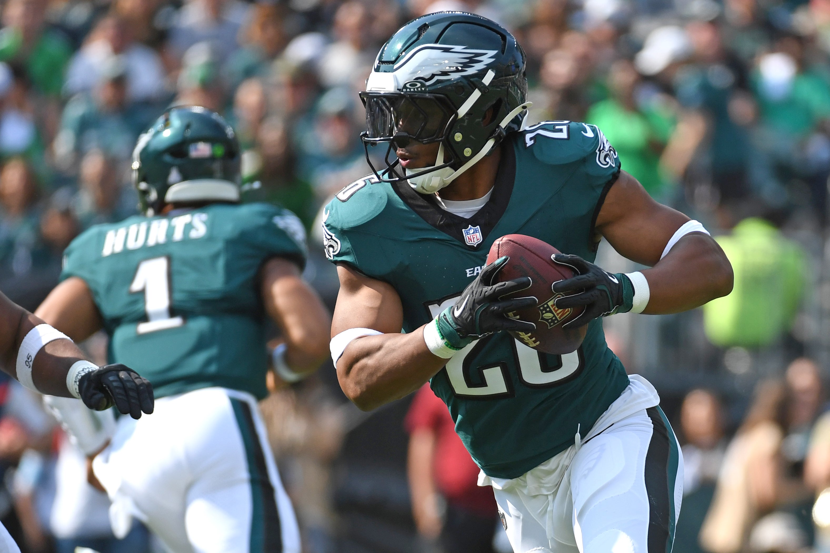 Philadelphia Eagles running back Saquon Barkley (26) runs with the football against the Cleveland Browns at Lincoln Financial Field.
