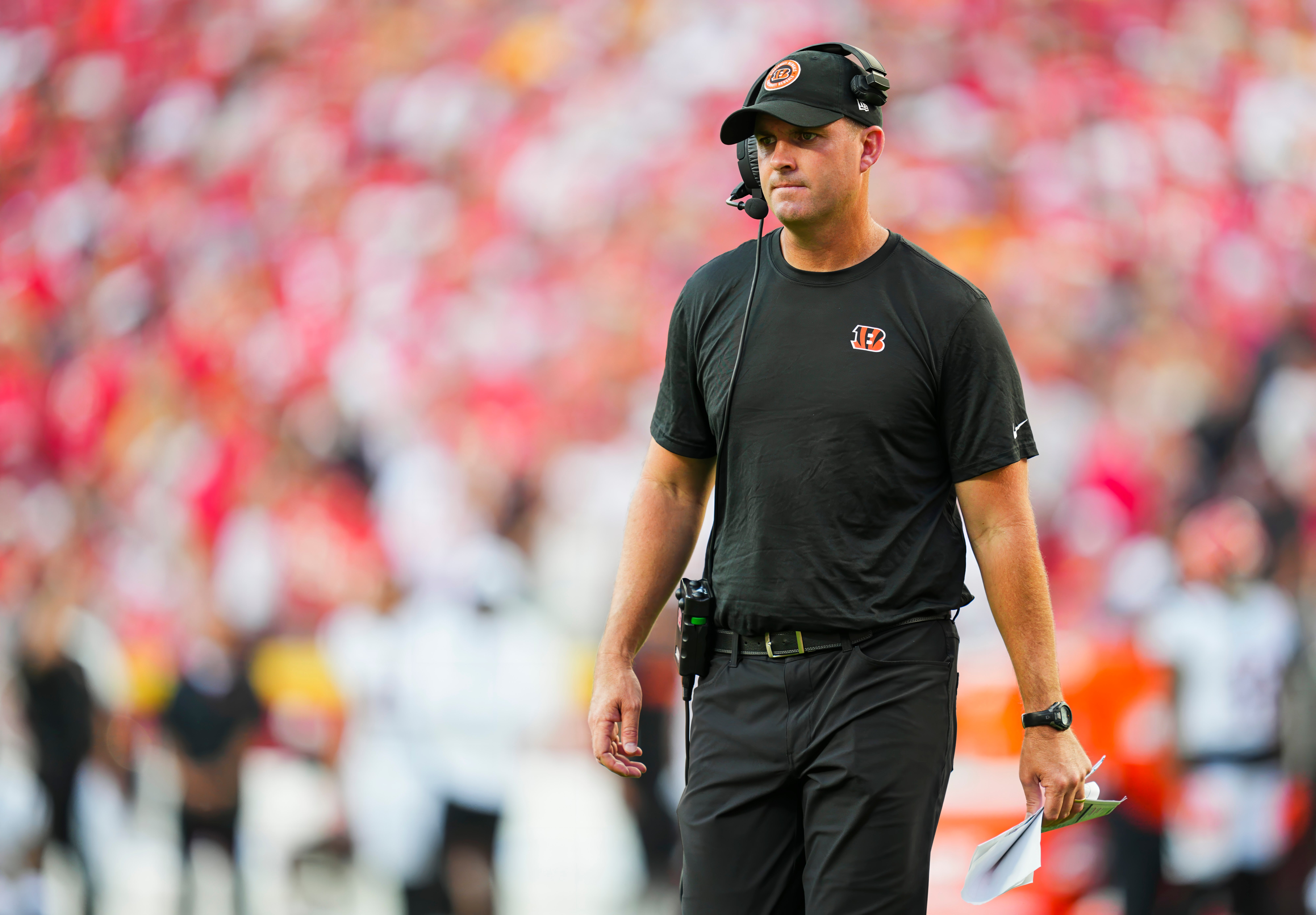 Sep 15, 2024; Kansas City, Missouri, USA; Cincinnati Bengals head coach Zac Taylor during the second half against the Kansas City Chiefs at GEHA Field at Arrowhead Stadium.