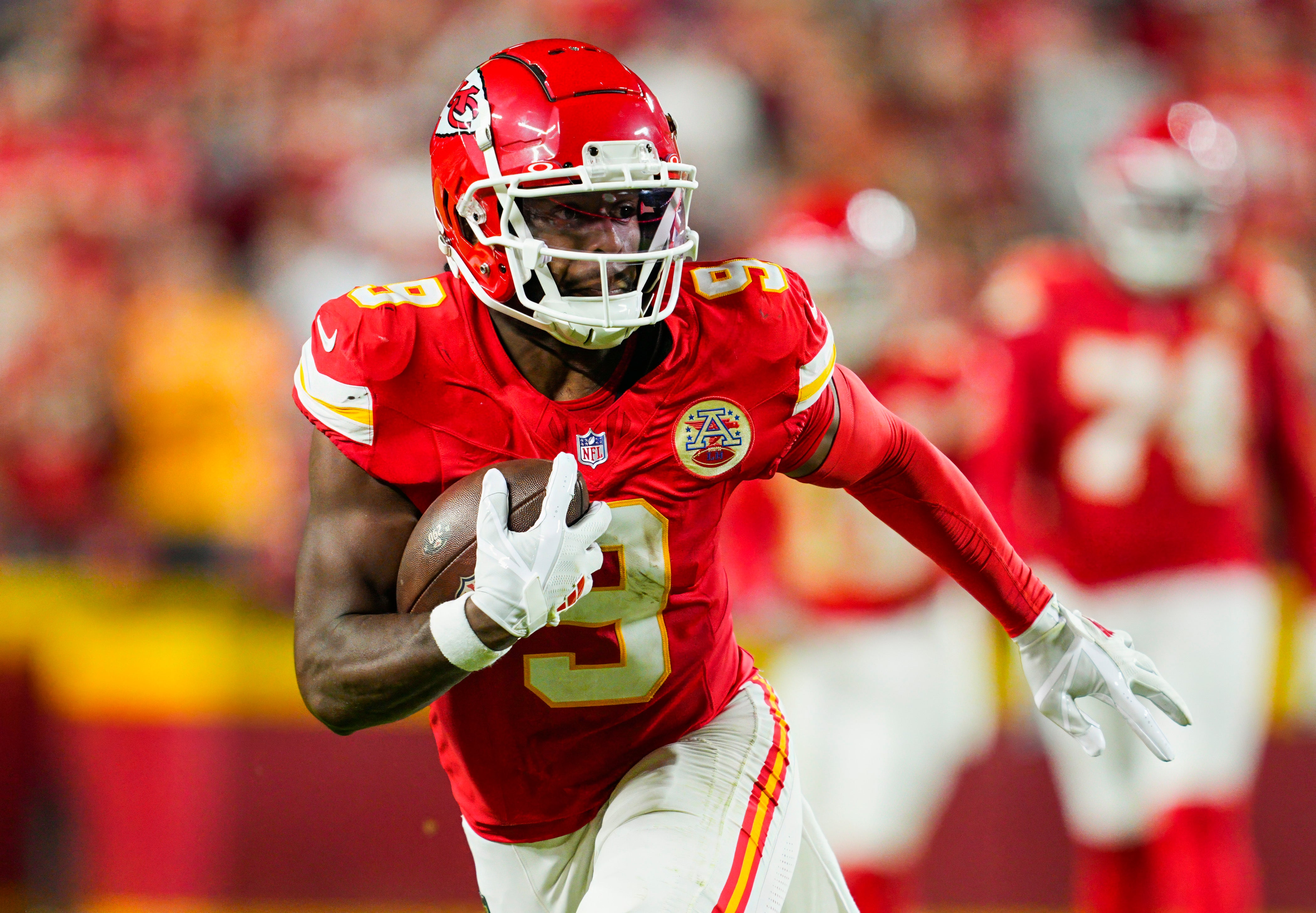 Kansas City Chiefs wide receiver JuJu Smith-Schuster (9) runs with the ball during the first half against the New Orleans Saints