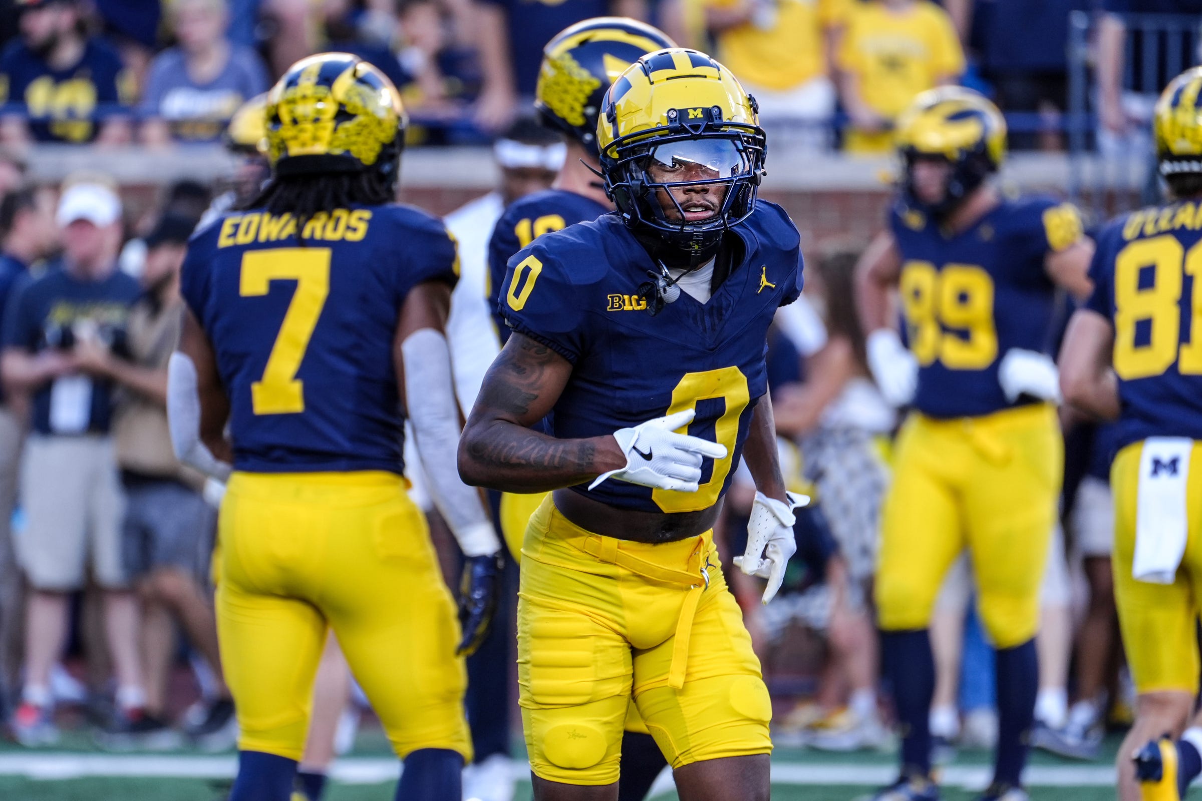 Michigan wide receiver Semaj Morgan (0) before the start of the game against Fresno State at Michigan Stadium in Ann Arbor on Saturday, Aug. 31, 2024.