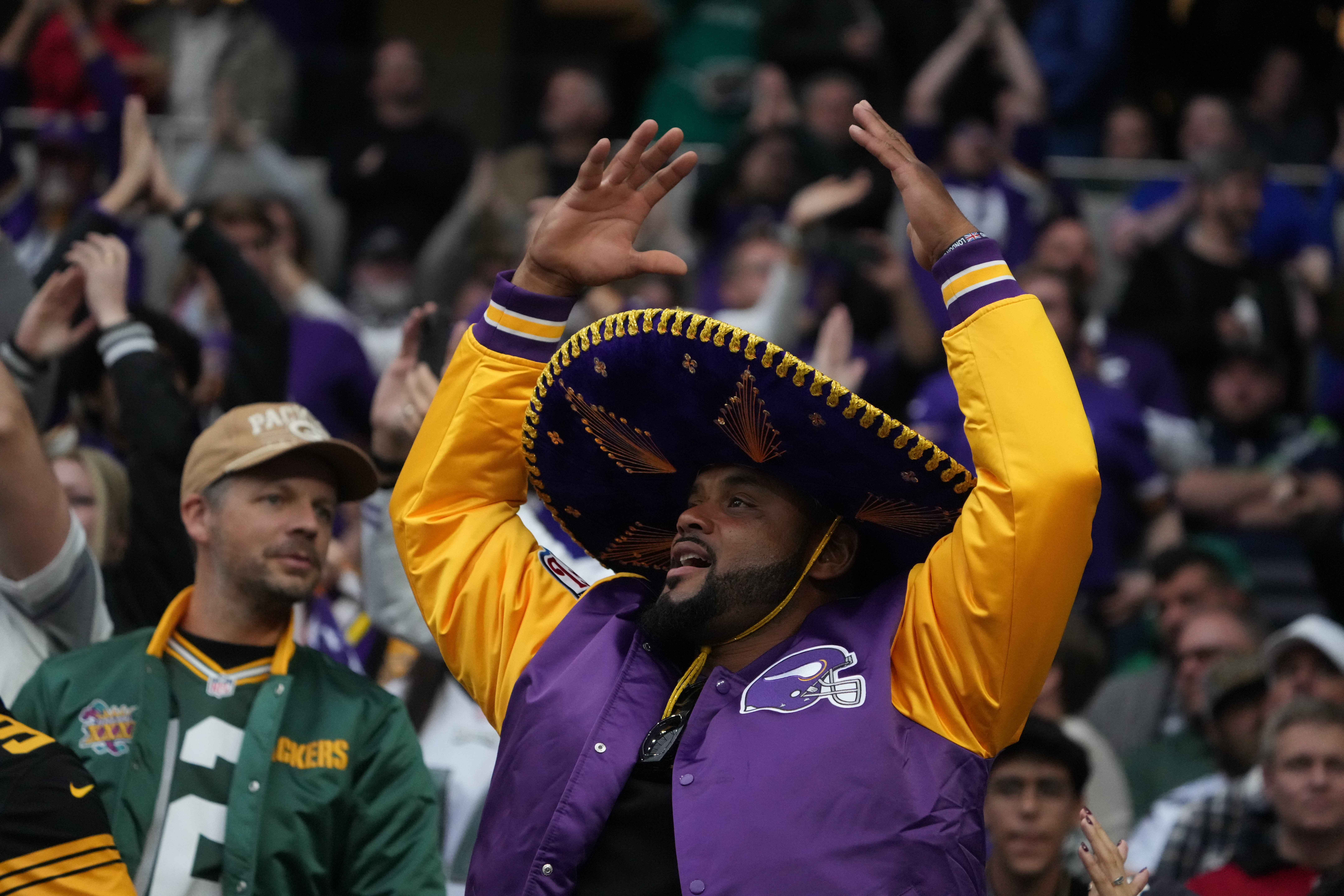 Oct 6, 2024; London, United Kingdom; Jordan Jefferson, the brother of Minnesota Vikings wide receiver Justin Jefferson (not pictured), reacts during the game against the New York Jets] Tottenham Hotspur Stadium.
