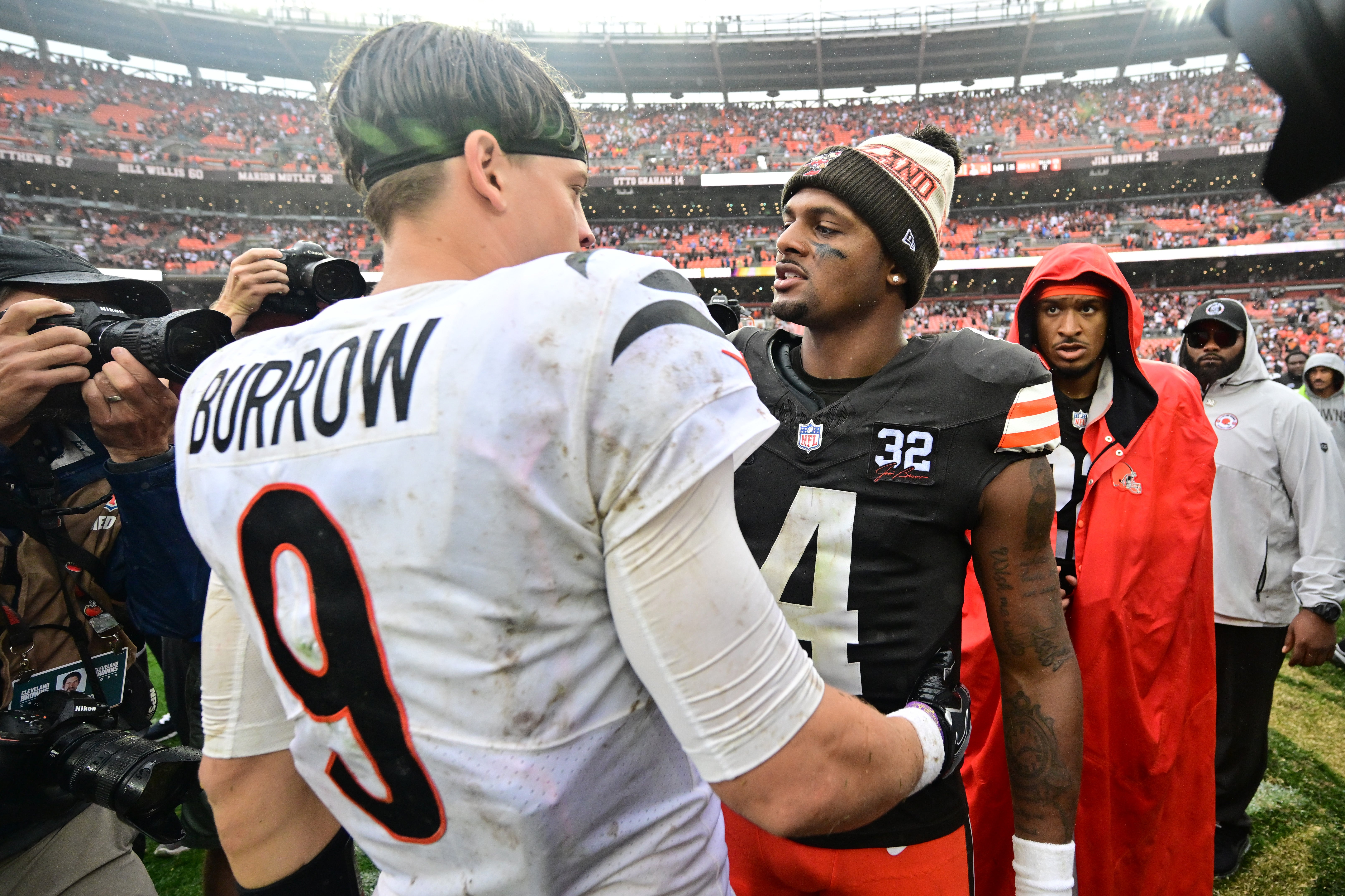 Sep 10, 2023; Cleveland, Ohio, USA; Cincinnati Bengals quarterback Joe Burrow (9) talks with Cleveland Browns quarterback Deshaun Watson (4) after the game at Cleveland Browns Stadium.