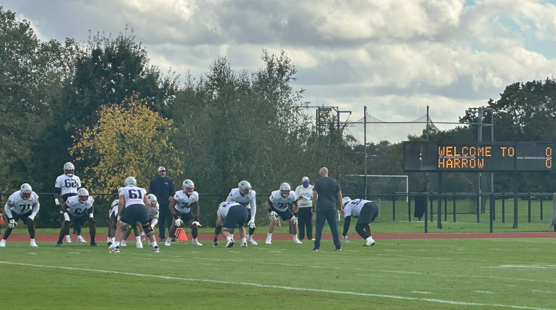 The New England Patriots offensive line practices in Harrow ahead of their London game against the Jacksonville Jaguars
