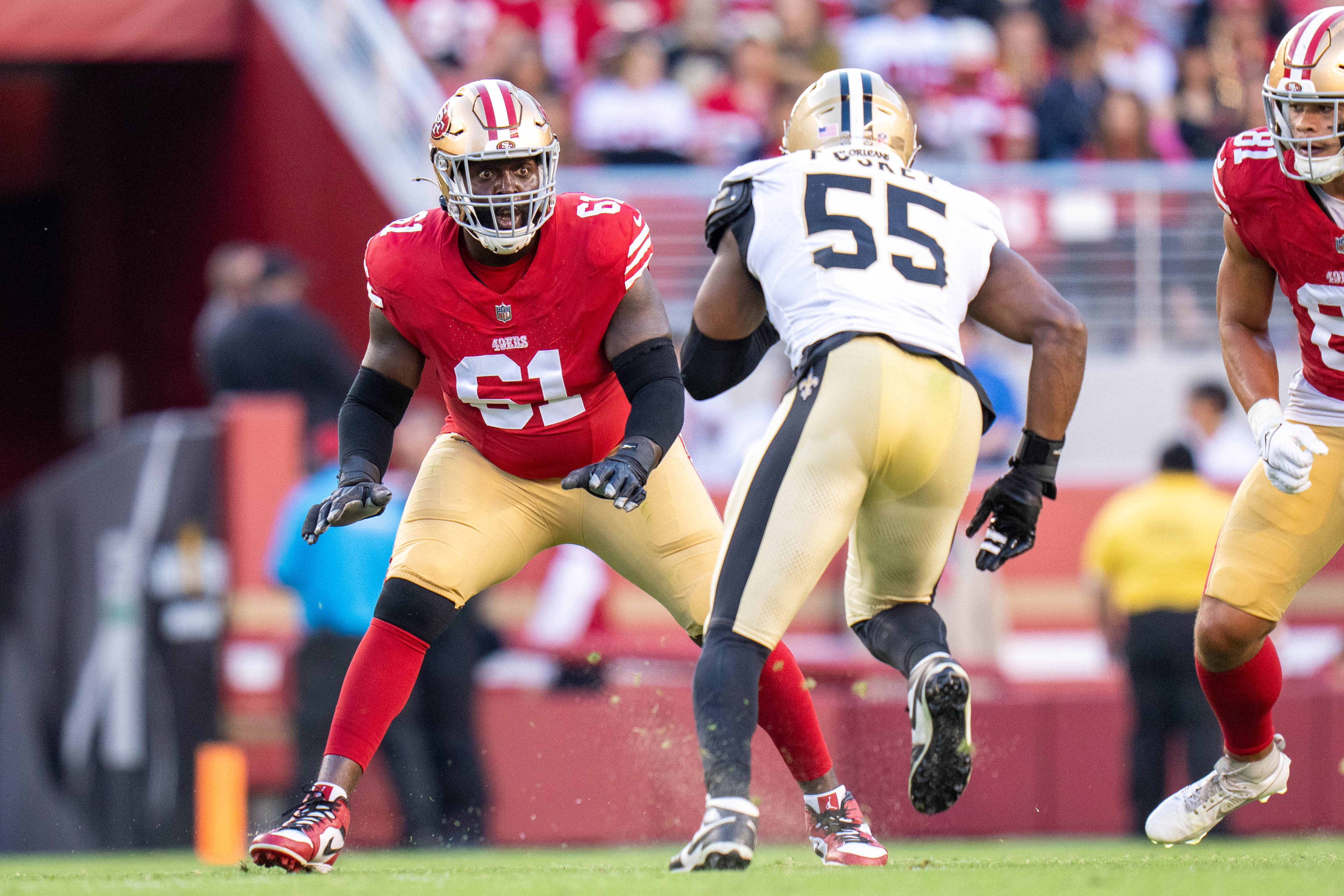 San Francisco 49ers offensive tackle Chris Hubbard (61) blocks New Orleans Saints defensive end Isaiah Foskey (55) during the third quarter at Levi's Stadium.