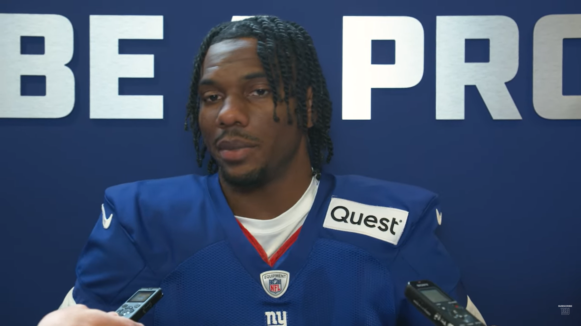 New York Giants WR Malik Nabers talks to reporters ahead of his return to the field in Week 7.