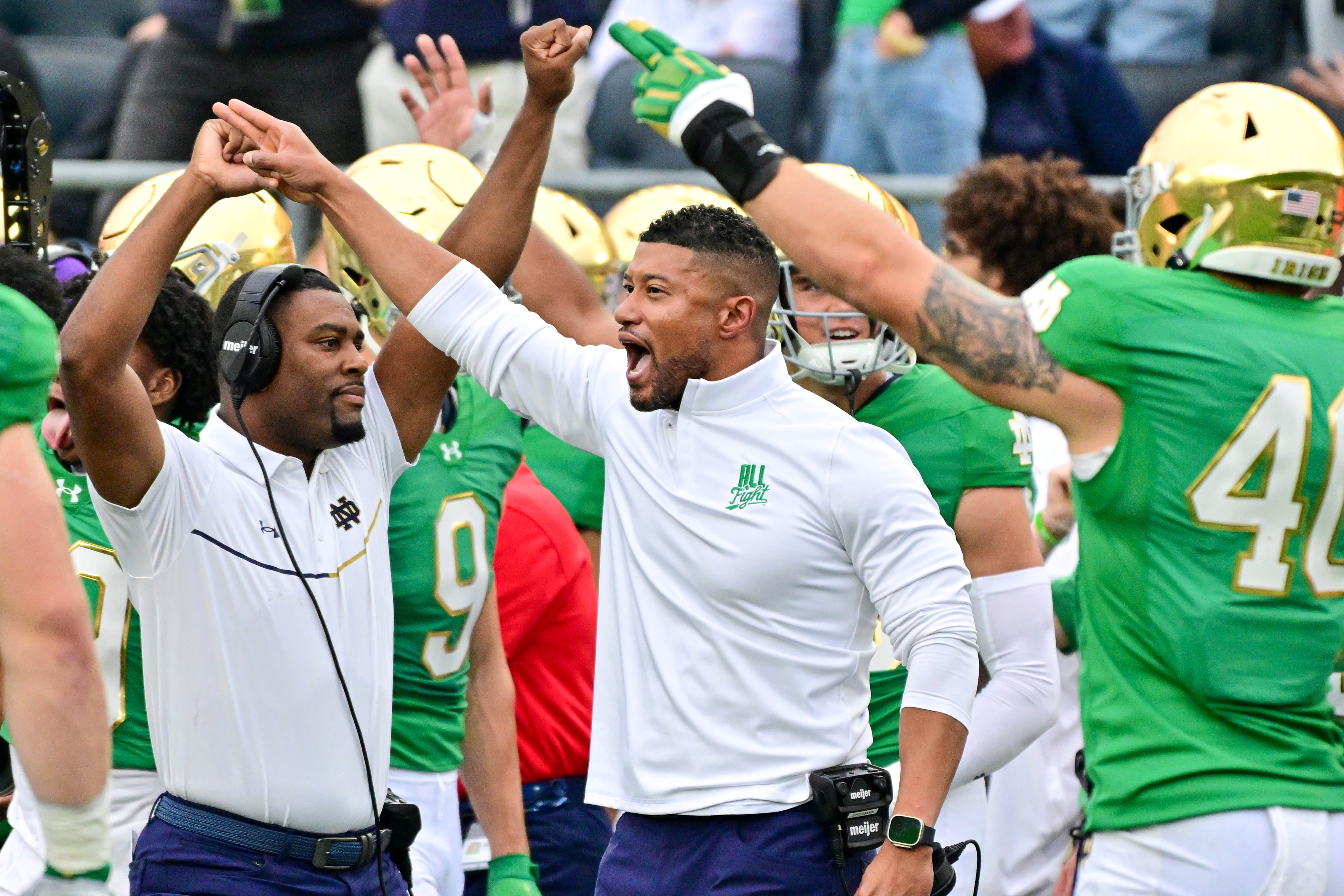 Notre Dame Fighting Irish head coach Marcus Freeman reacts after a turnover on downs by the Louisville Cardinals in the second quarter at Notre Dame Stadium.