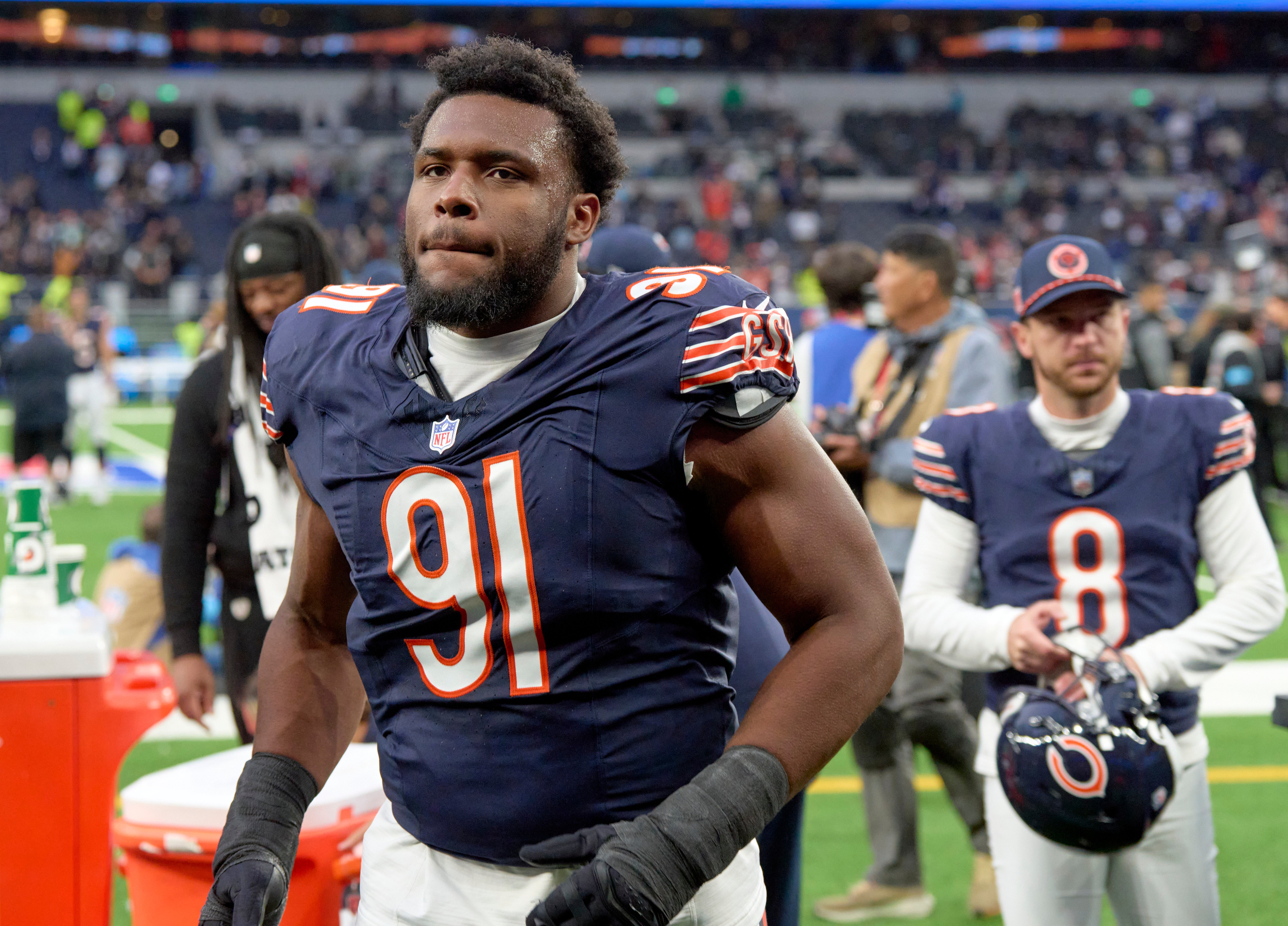 Oct 13, 2024; London, United Kingdom; Chicago Bears defensive tackle Chris Williams (91) after an NFL International Series game at Tottenham Hotspur Stadium.