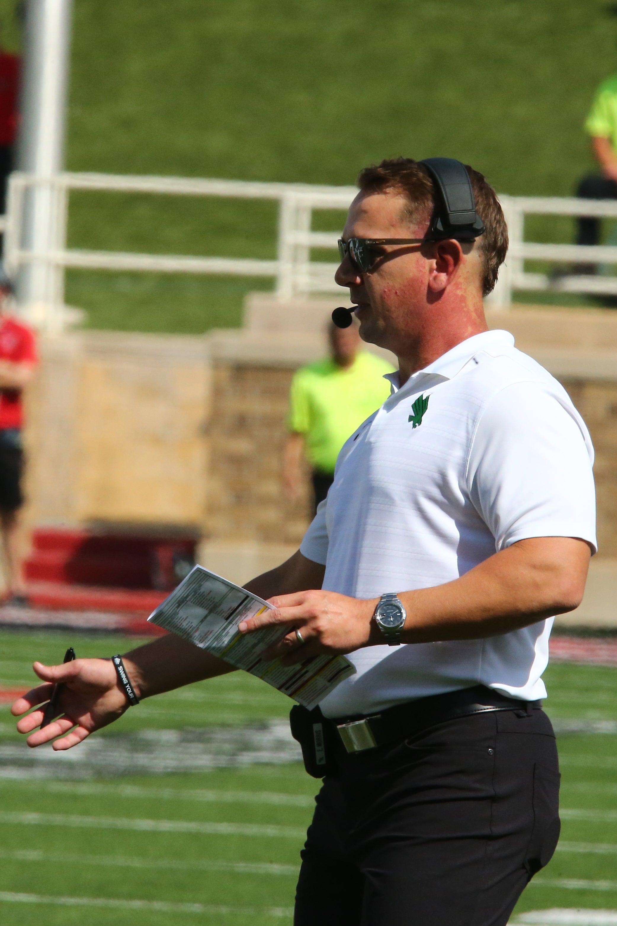 Sep 14, 2024; Lubbock, Texas, USA; North Texas Mean Green head coach Eric Morris in the first half during the game against the Texas Tech Red Raiders at Jones AT&T Stadium and Cody Campbell Field.