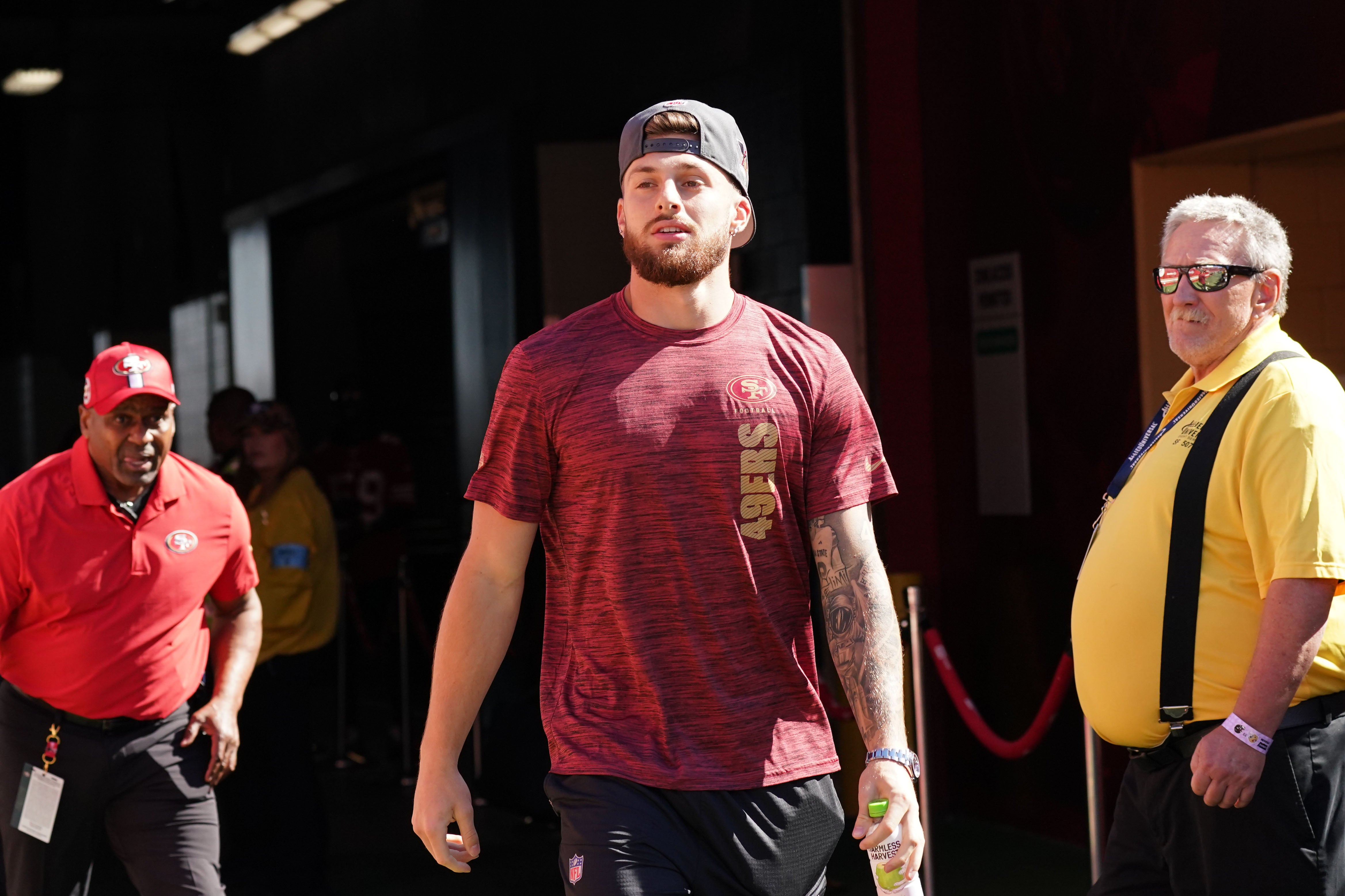 San Francisco 49ers wide receiver Ricky Pearsall (14) enters the field before a game against the New York Jets at Levi's Stadium.