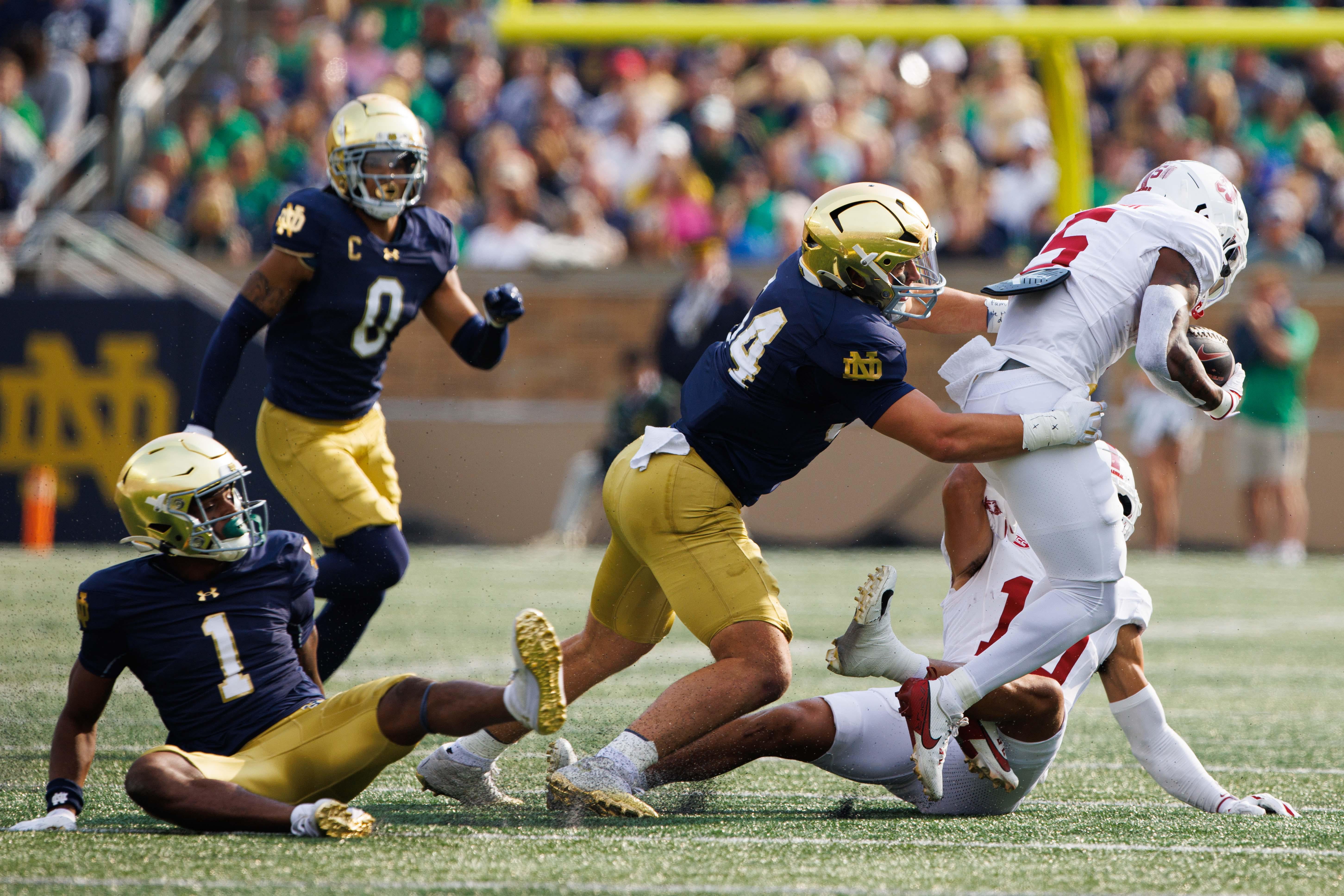 Stanford running back Chris Davis Jr. (5) during a NCAA college football game between Notre Dame and Stanford at Notre Dame Stadium on Saturday, Oct. 12, 2024, in South Bend.