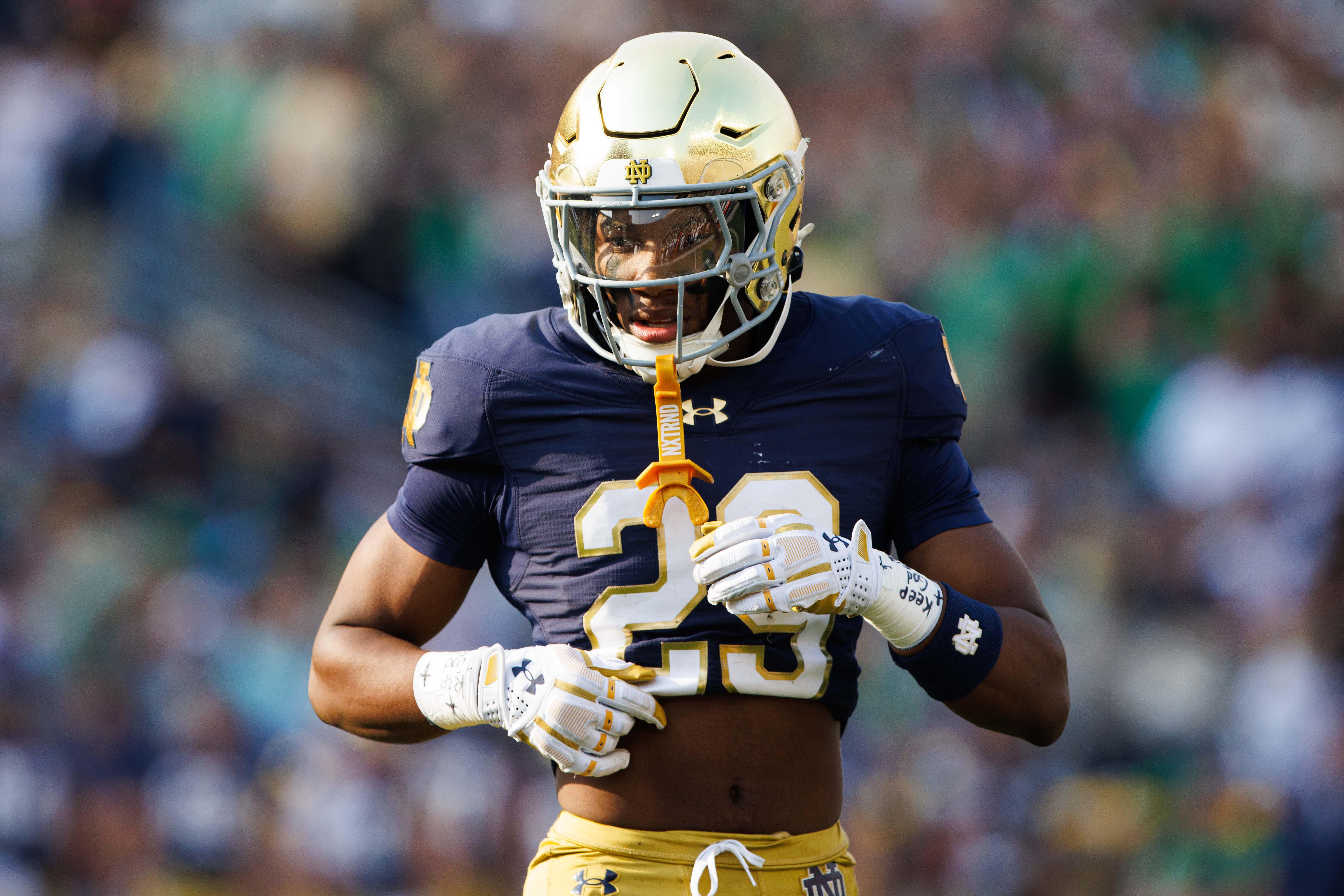 Notre Dame cornerback Christian Gray gets in position during a NCAA college football game between Notre Dame and Stanford at Notre Dame Stadium on Saturday, Oct. 12, 2024, in South Bend.