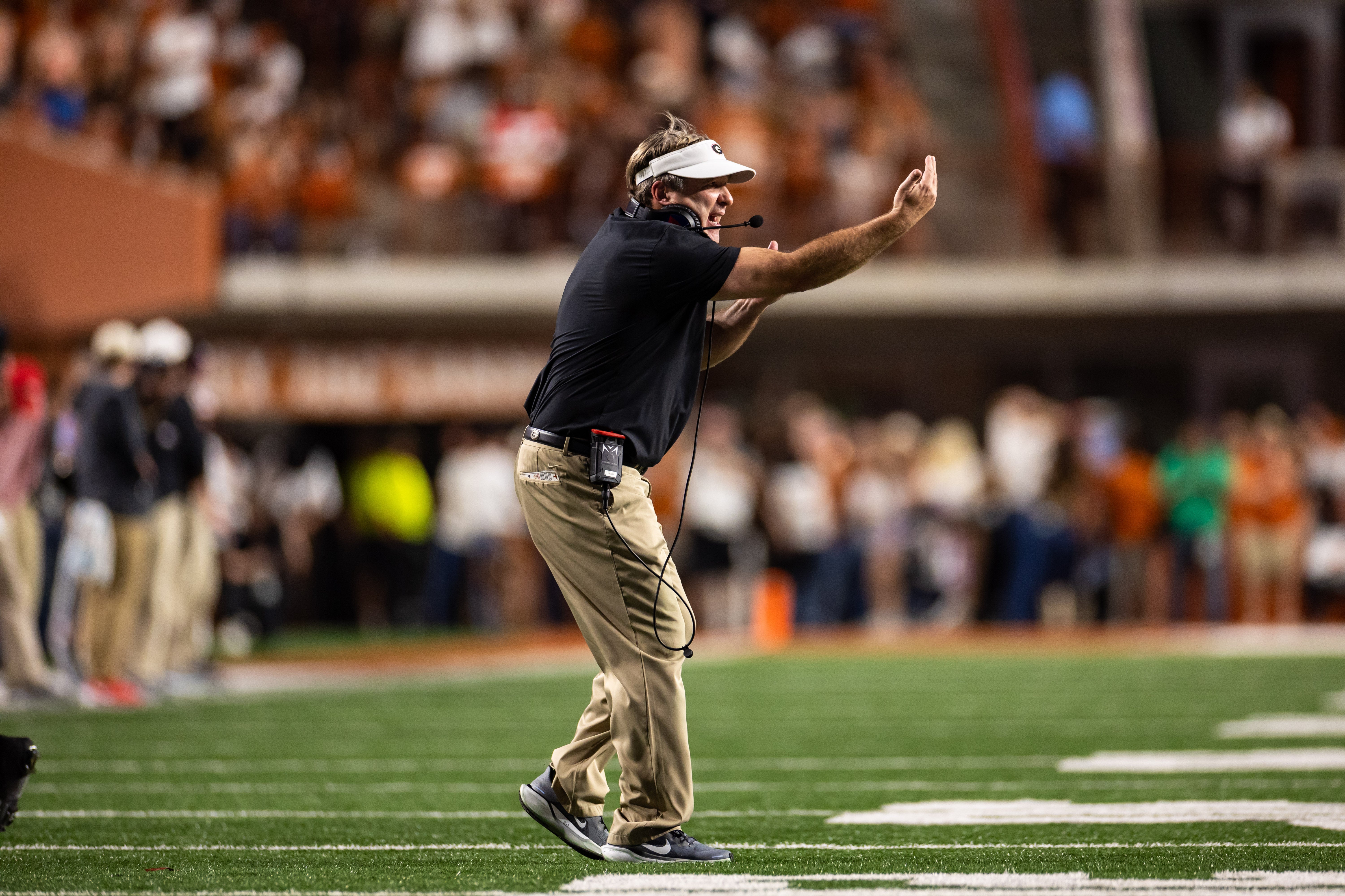 Oct 19, 2024; Austin, Texas, USA; Georgia Bulldogs head coach Kirby Smart reacts in the fourth quarter against the Texas Longhorns at Darrell K Royal-Texas Memorial Stadium.