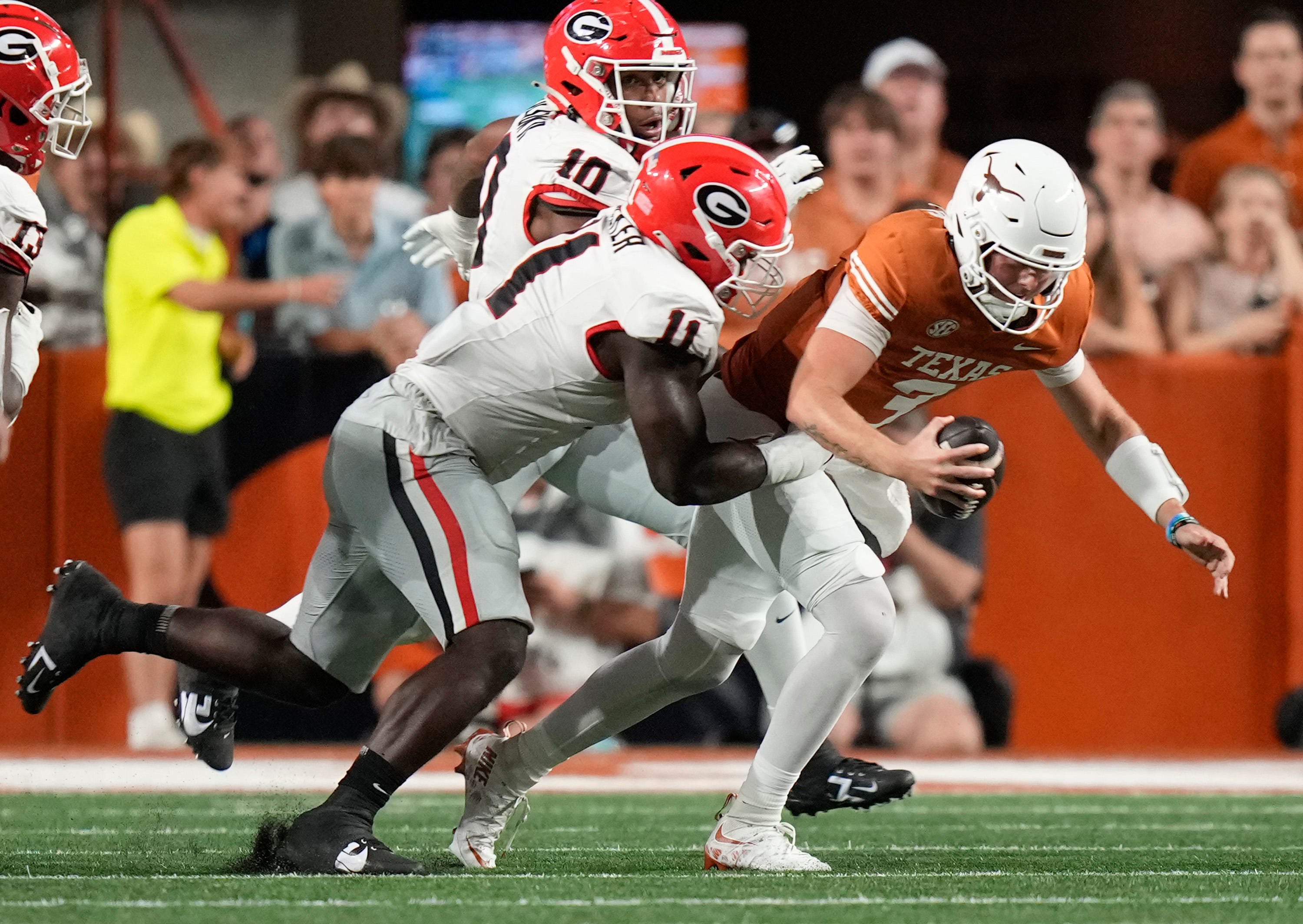 Oct 19, 2024; Austin, Texas, USA; Georgia Bulldogs linebacker Jalon Walker sacks Texas Longhorns quarterback Quinn Ewers in the second quarter at Darrell K. Royal Texas Memorial Stadium.