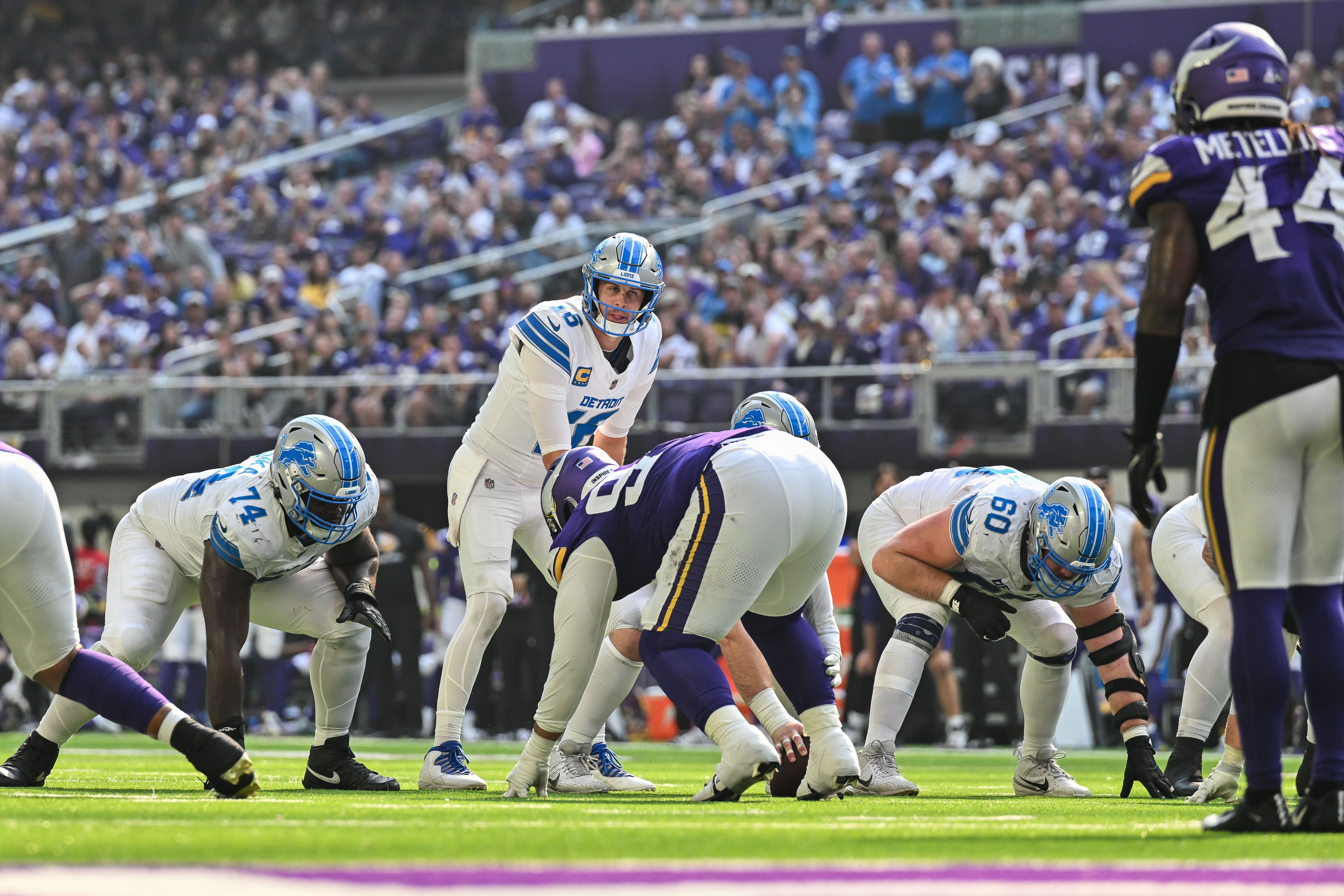 Oct 20, 2024; Minneapolis, Minnesota, USA; Detroit Lions quarterback Jared Goff (16) prepares for the snap against the Minnesota Vikings during the second quarter at U.S. Bank Stadium.