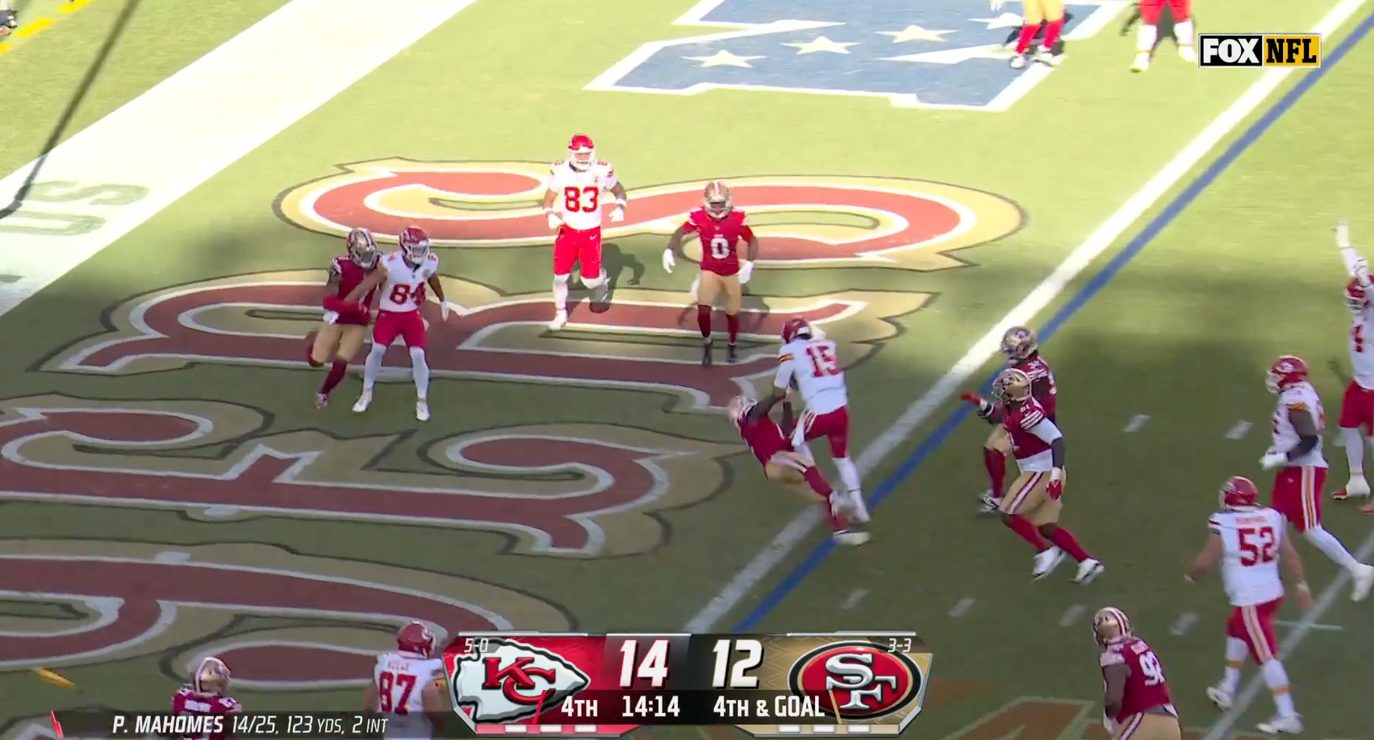 Kansas City Chiefs QB Patrick Mahomes scores on a rushing TD against the San Francisco 49ers during week 7 of the 2024 NFL season, 10/20/24