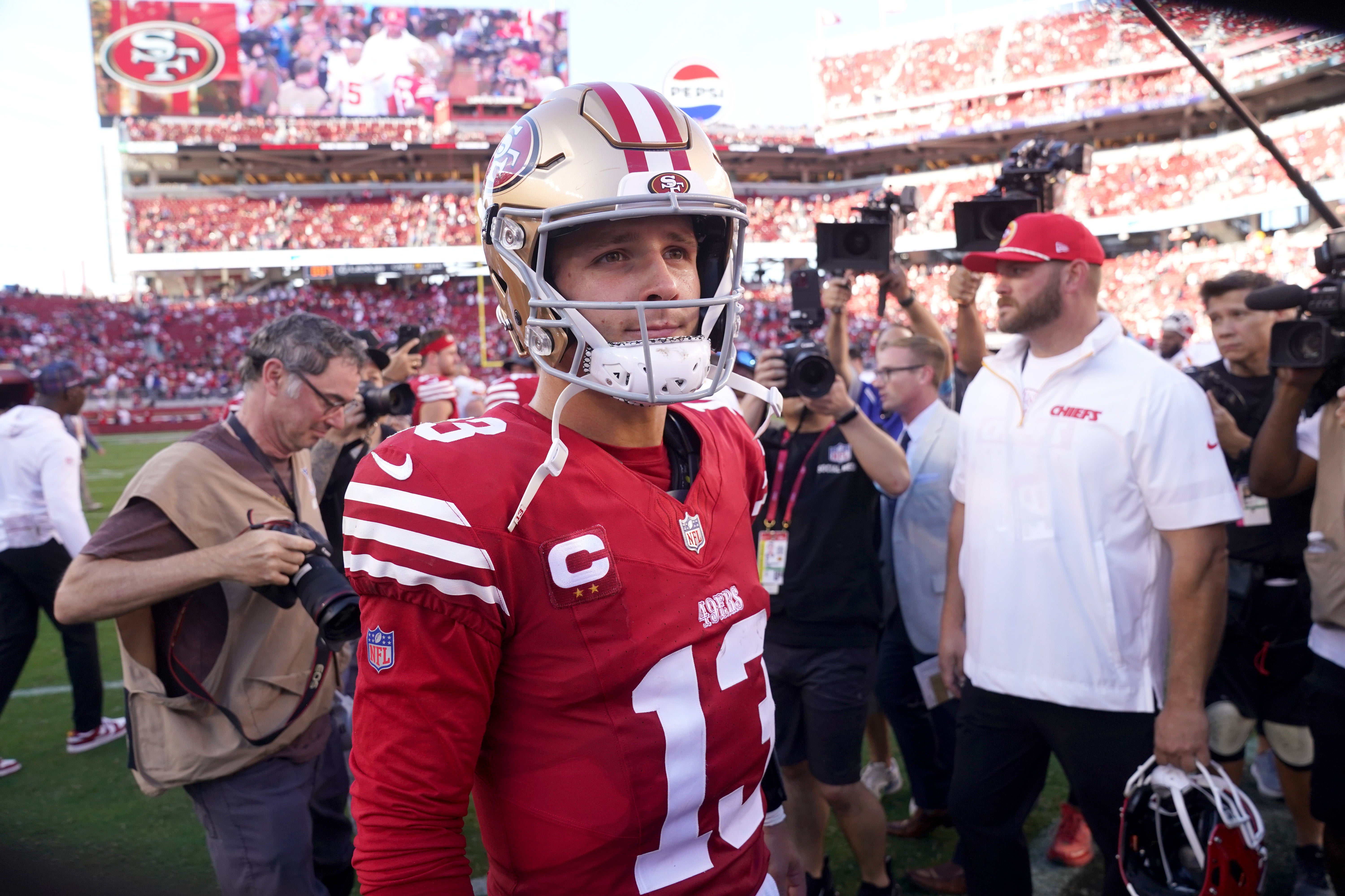 San Francisco 49ers quarterback Brock Purdy (13) stands on the field after the game against the Kansas City Chiefs at Levi's Stadium.