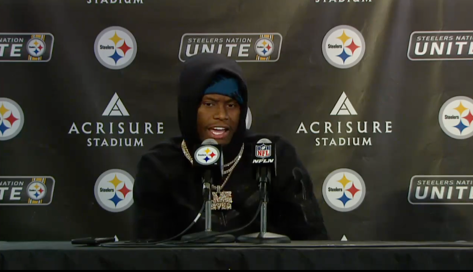 Pittsburgh Steelers WR George Pickens addresses the media following 37-15 win vs New York Jets in Week 7 of 2024 NFL season, 10/20/24
