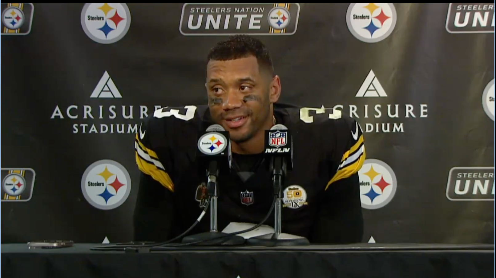 Pittsburgh Steelers QB Russell Wilson addresses the media following 37-15 win against New York Jets in Week 7 of 2024 season, 10/20/24