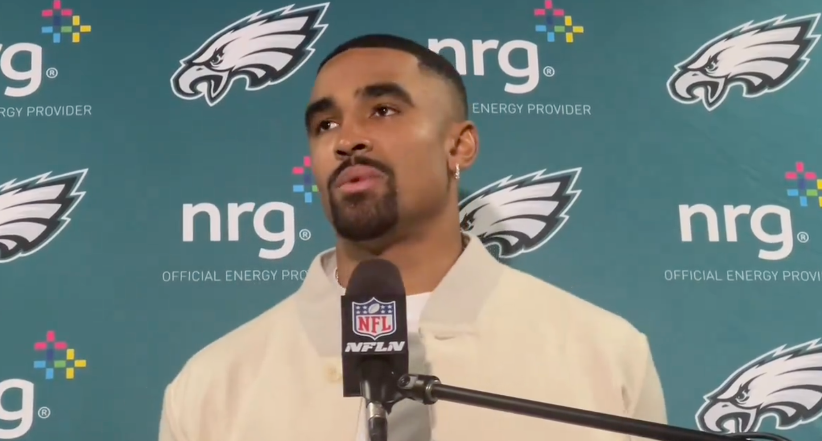 Philadelphia Eagles quarterback Jalen Hurts addresses the media following 28-3 win over New York Giants
