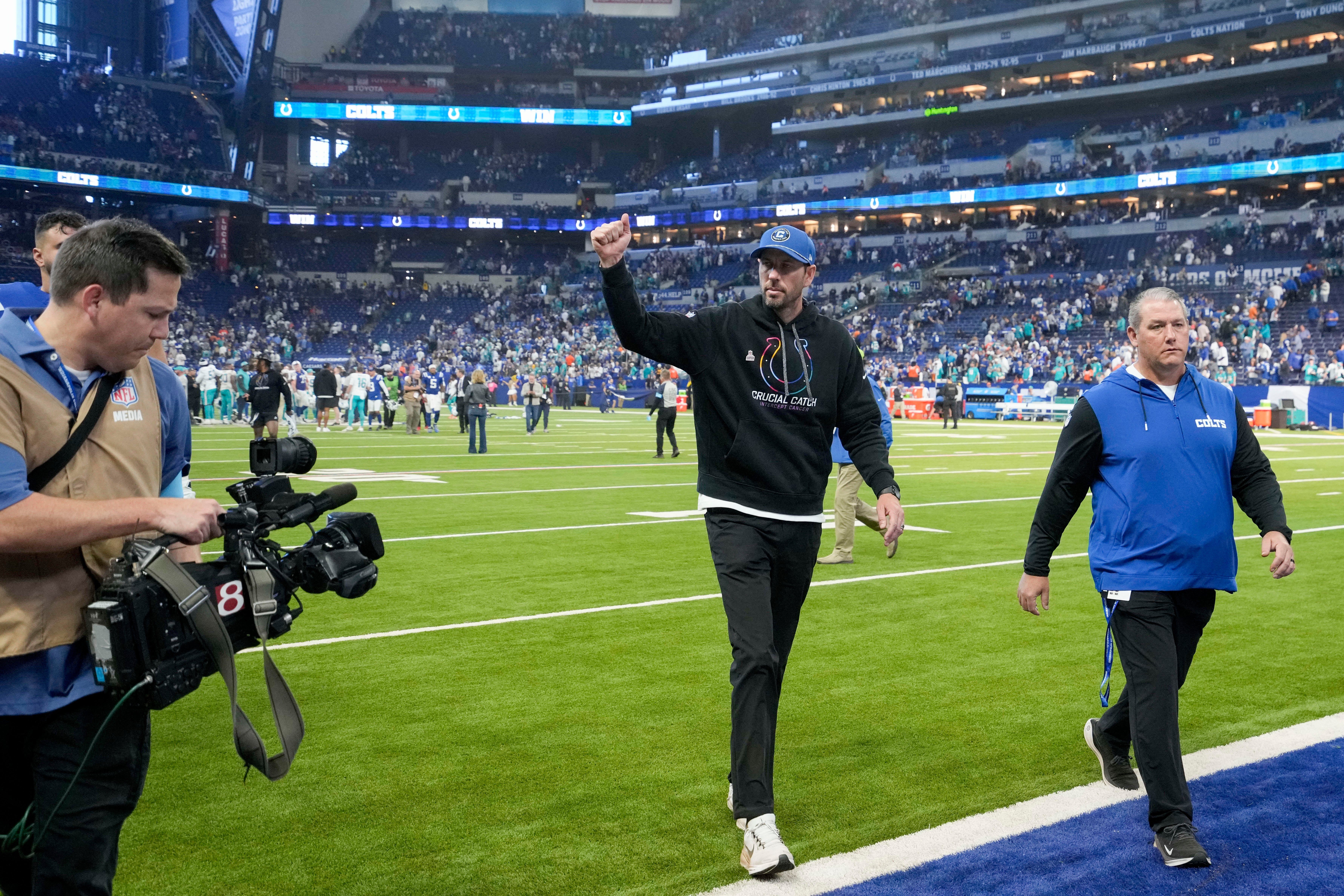 Oct 20, 2024; Indianapolis, Indiana, USA; Indianapolis Colts head coach Shane Steichen leaves the field Sunday, Oct. 20, 2024, after defeating the Miami Dolphins at Lucas Oil Stadium.