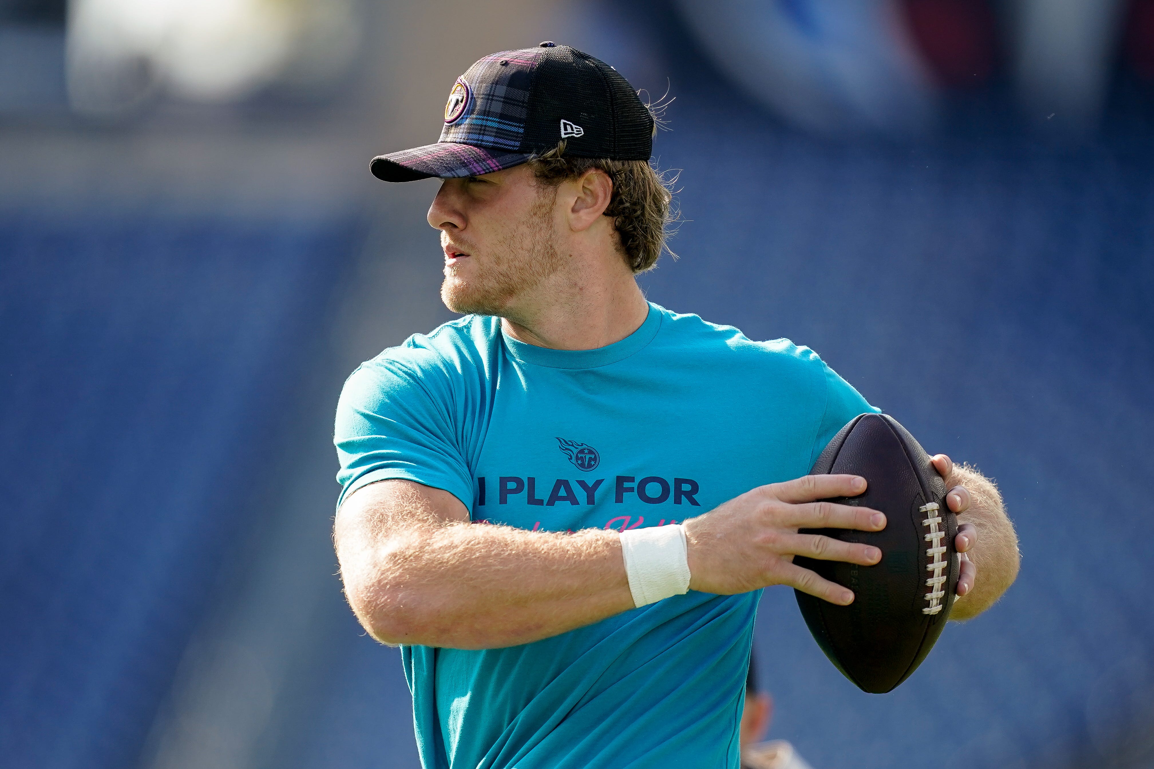 Tennessee Titans quarterback Will Levis warms up before a game against the Indianapolis Colts at Nissan Stadium in Nashville, Tenn., Sunday, Oct. 13, 2024.