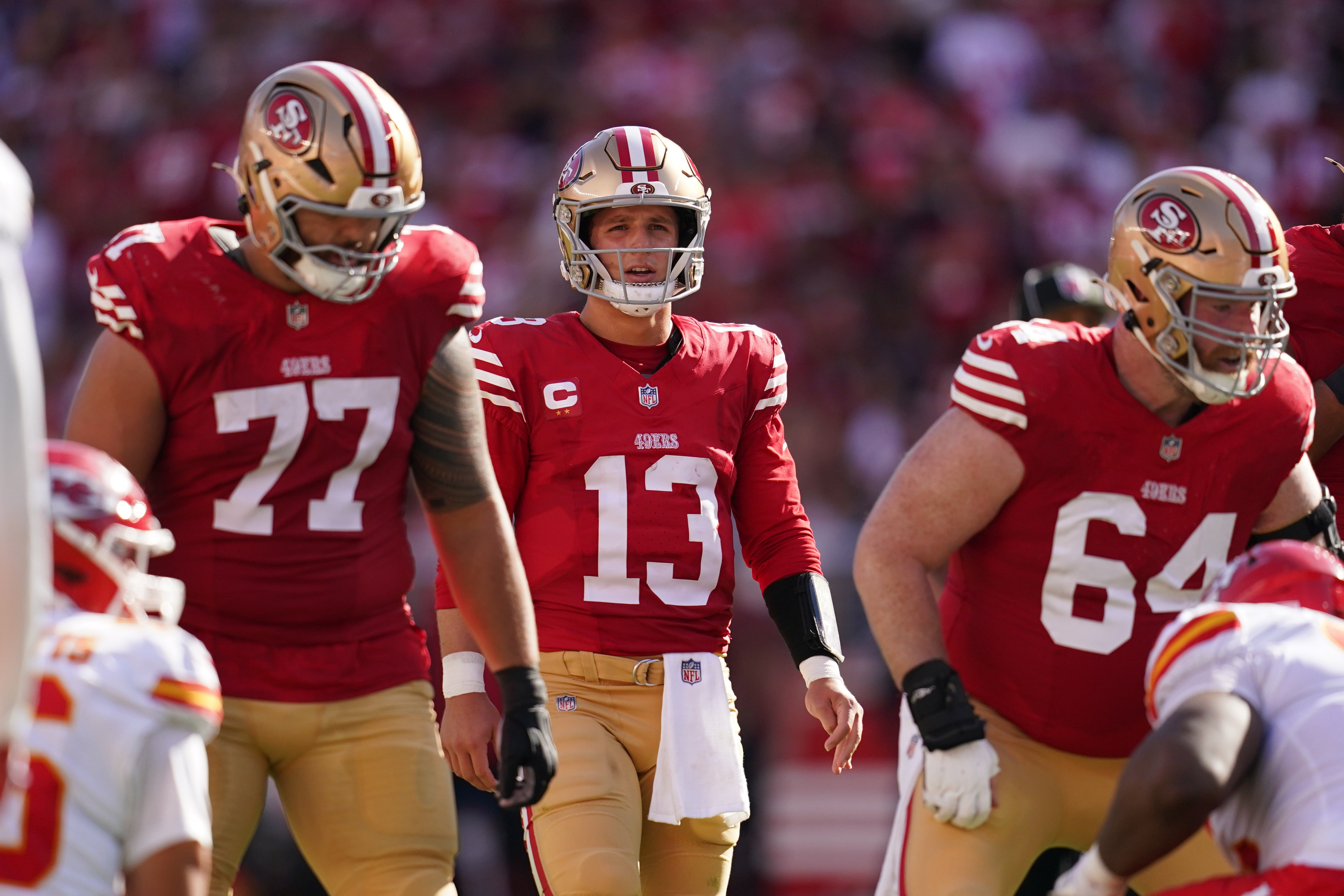San Francisco 49ers quarterback Brock Purdy (13) walks towards the line of scrimmage against the Kansas City Chiefs in the third quarter at Levi's Stadium.