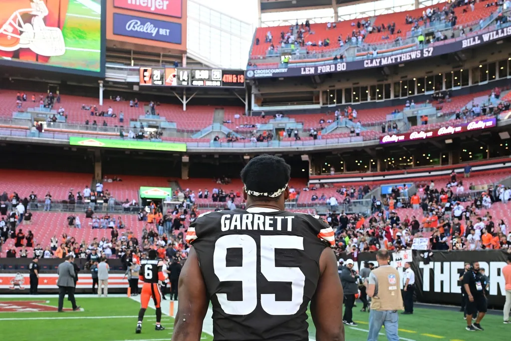 Cleveland Browns defensive end Myles Garrett (95) walks off the field after the game against the Cincinnati Bengals at Huntington Bank Field.