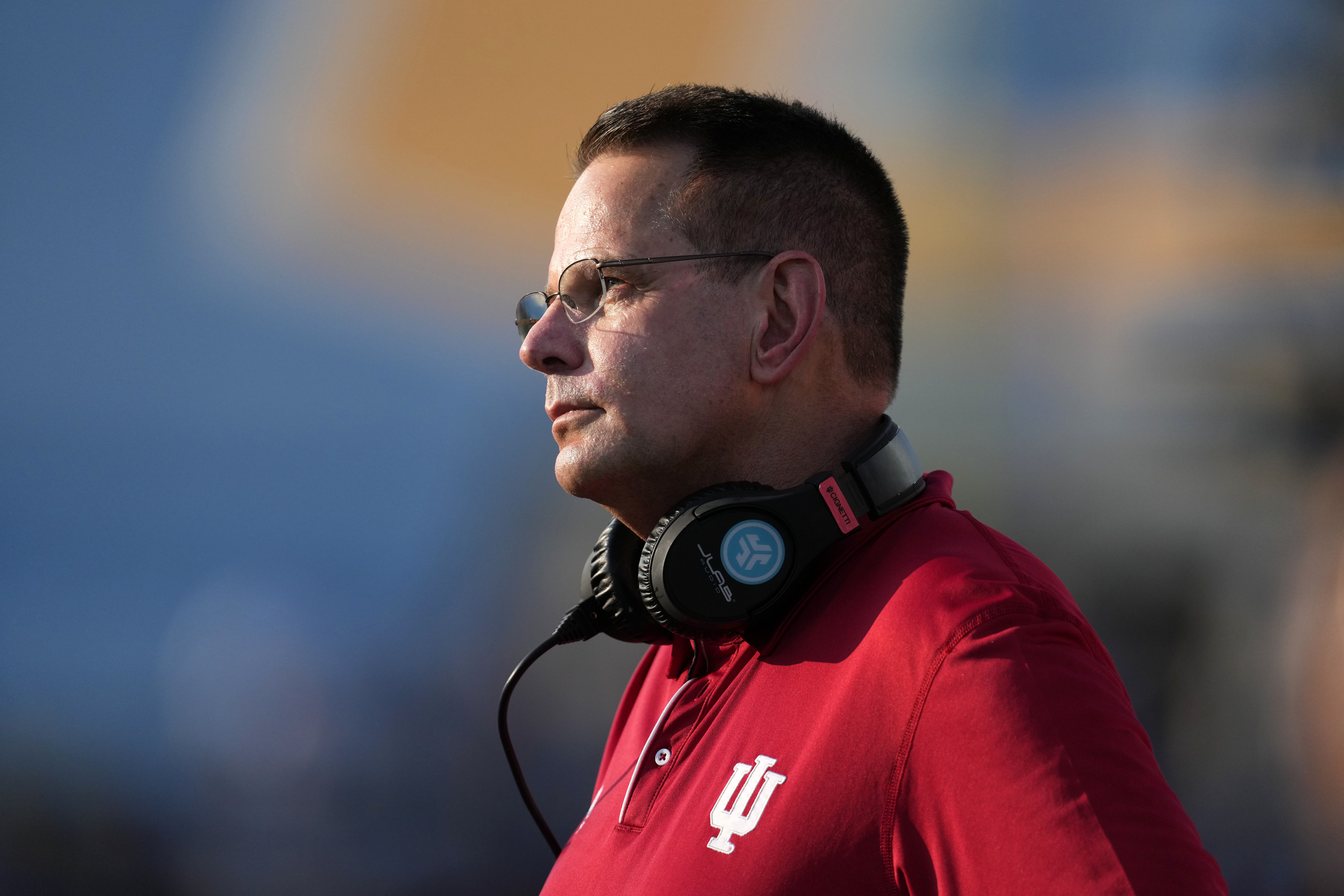 Sep 14, 2024; Pasadena, California, USA; Indiana Hoosiers head coach Curt Cignetti reacts in the first half against the UCLA Bruins at Rose Bowl.