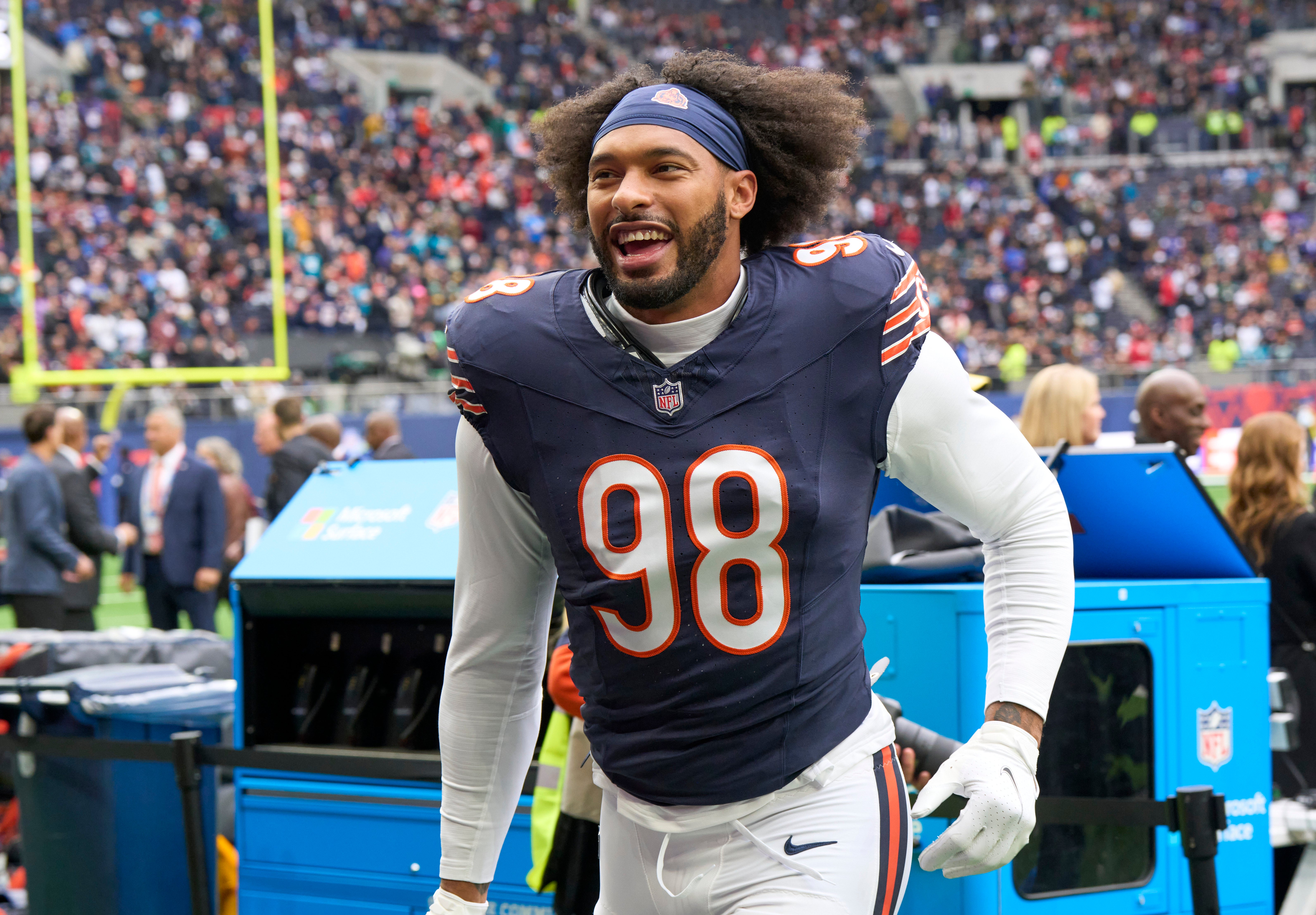 Oct 13, 2024; London, United Kingdom; Chicago Bears defensive end Montez Sweat (98) leaves the field after an NFL International Series game at Tottenham Hotspur Stadium.