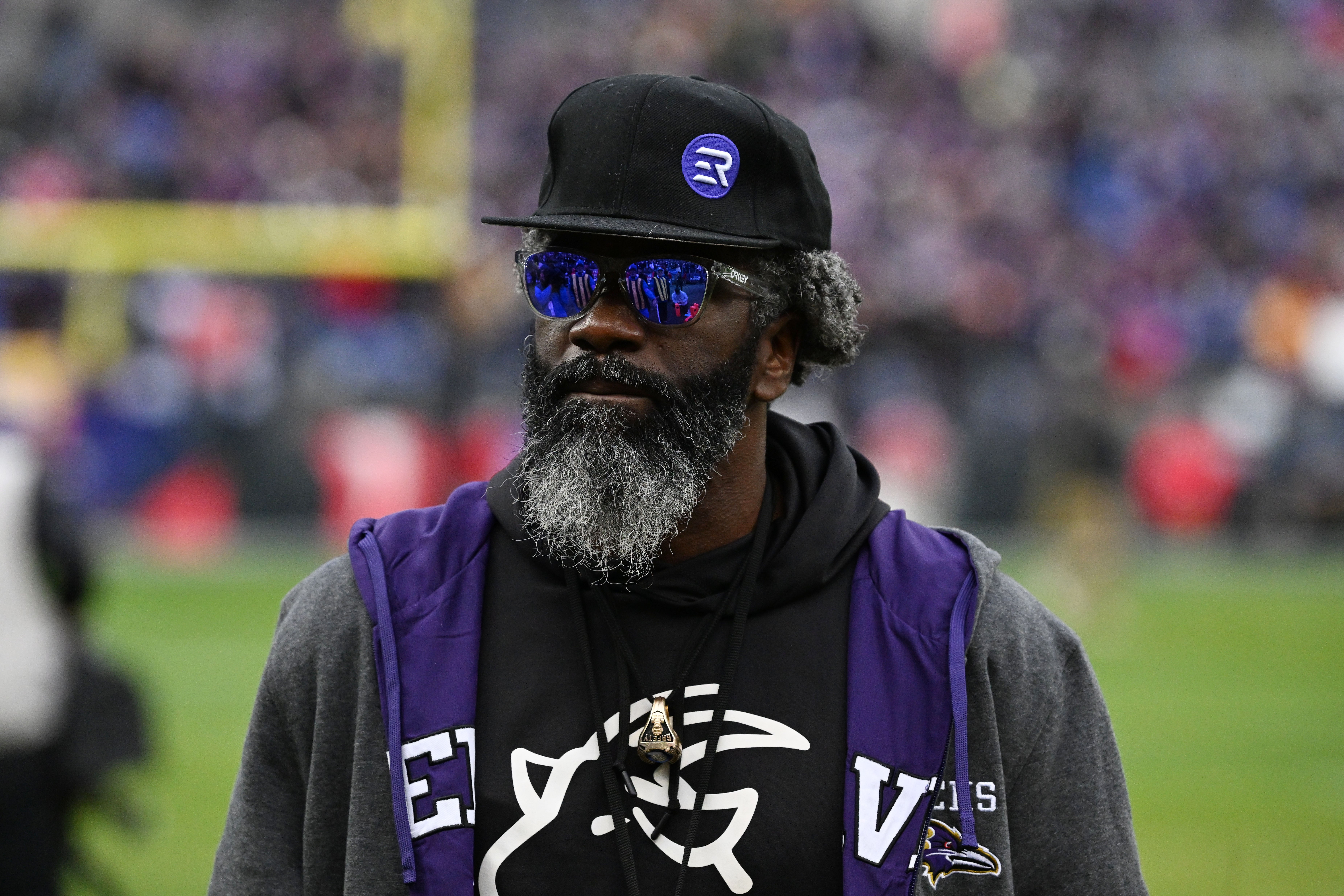 Jan 28, 2024; Baltimore, Maryland, USA; Former Baltimore Ravens Ed Reed looks on from the sidelines prior to the Ravens' game against the Kansas City Chiefs in the AFC Championship football game at M&T Bank Stadium.