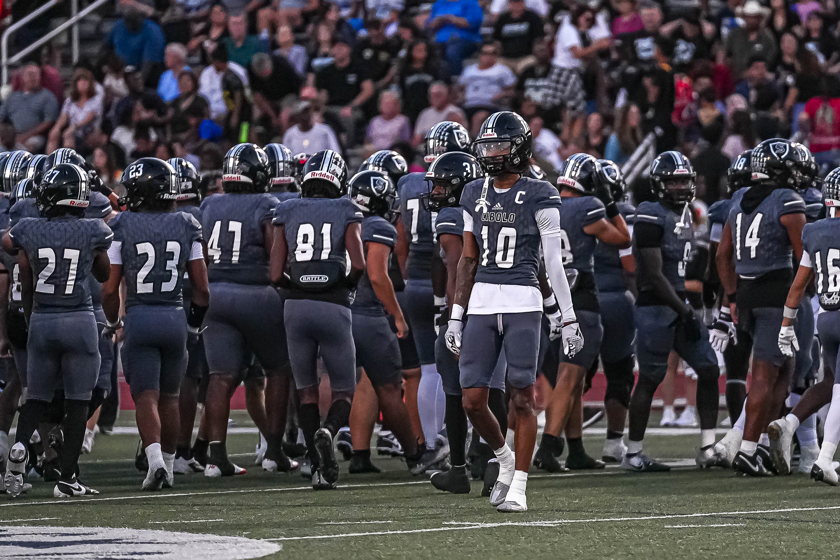 Steele receiver Jalen Cooper (10) eyes the Westlake sideline ahead of the game at Robert & Glenda Lehnoff Stadium on Friday, Sept. 20, 2024 in Schertz, Texas.