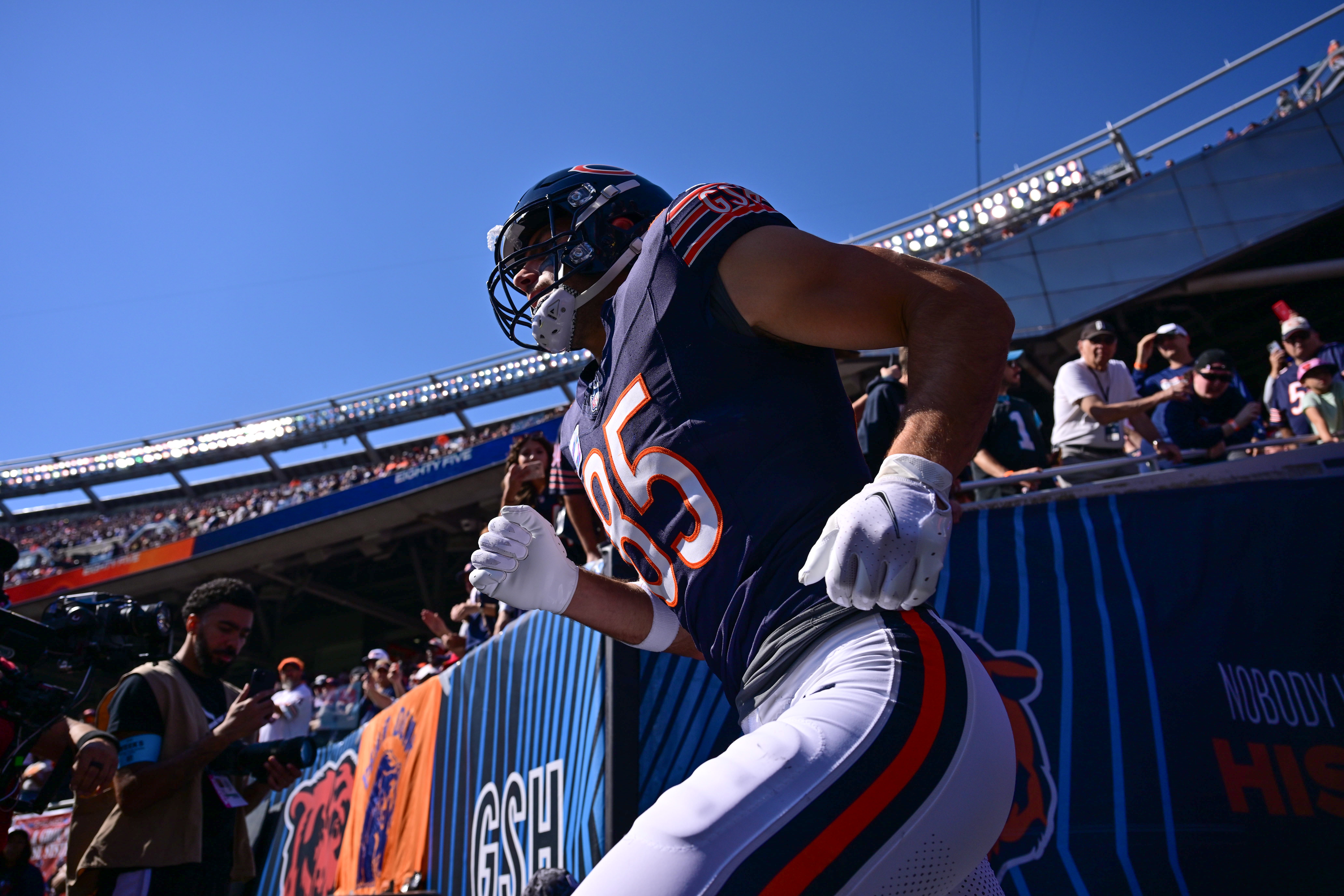 Oct 6, 2024; Chicago, Illinois, USA; Chicago Bears tight end Cole Kmet (85) enters the field before the game against the Carolina Panthers at Soldier Field.