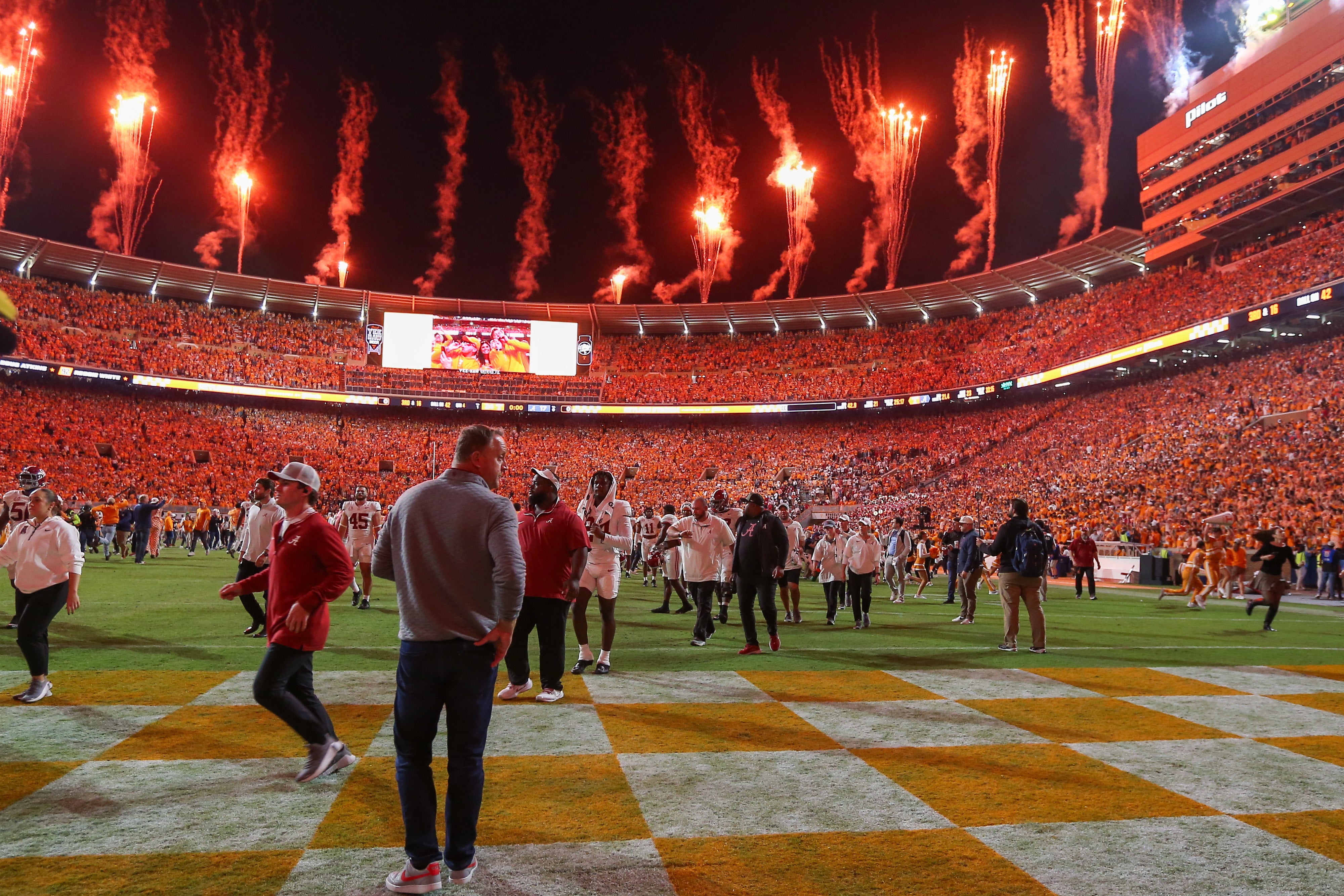 Oct 19, 2024; Knoxville, Tennessee, USA; Alabama Crimson Tide players leave the field after losing to the Tennessee Volunteers at Neyland Stadium.