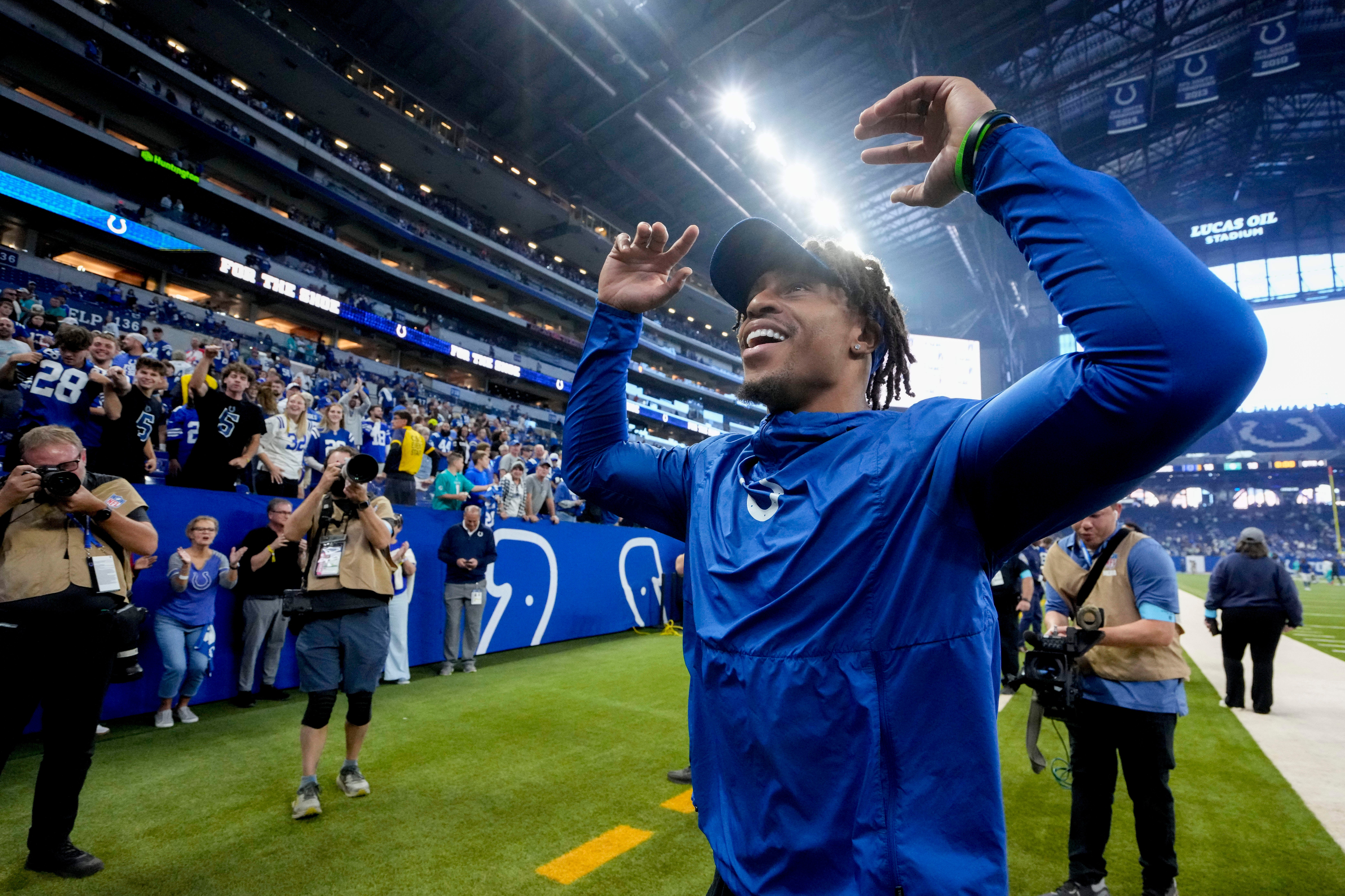 Oct 20, 2024; Indianapolis, Indiana, USA; Indianapolis Colts running back Jonathan Taylor (28) leaves the field Sunday, Oct. 20, 2024, after defeating the Miami Dolphins at Lucas Oil Stadium.