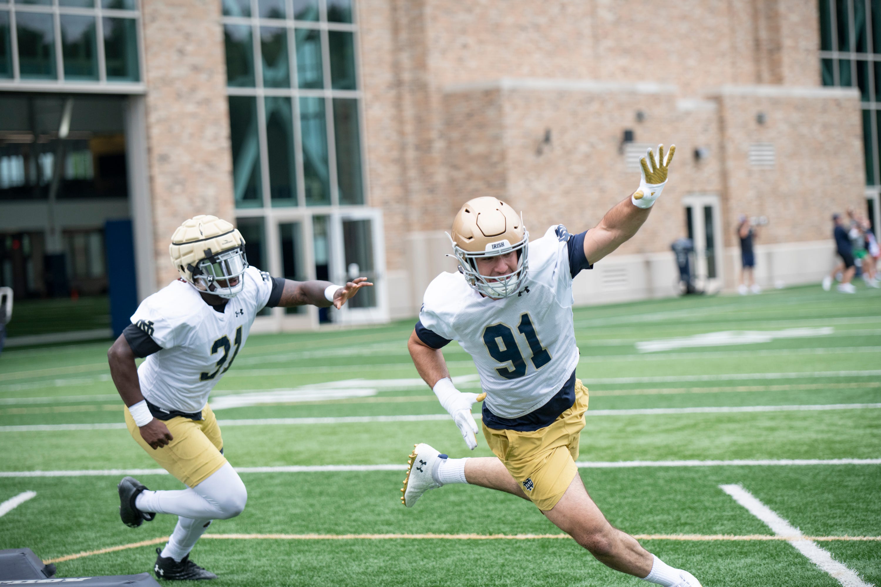 Aiden Gobaira DL of the Fighting Irish at Notre Dame football practice at the Irish Athletic Center on August 7, 2023.