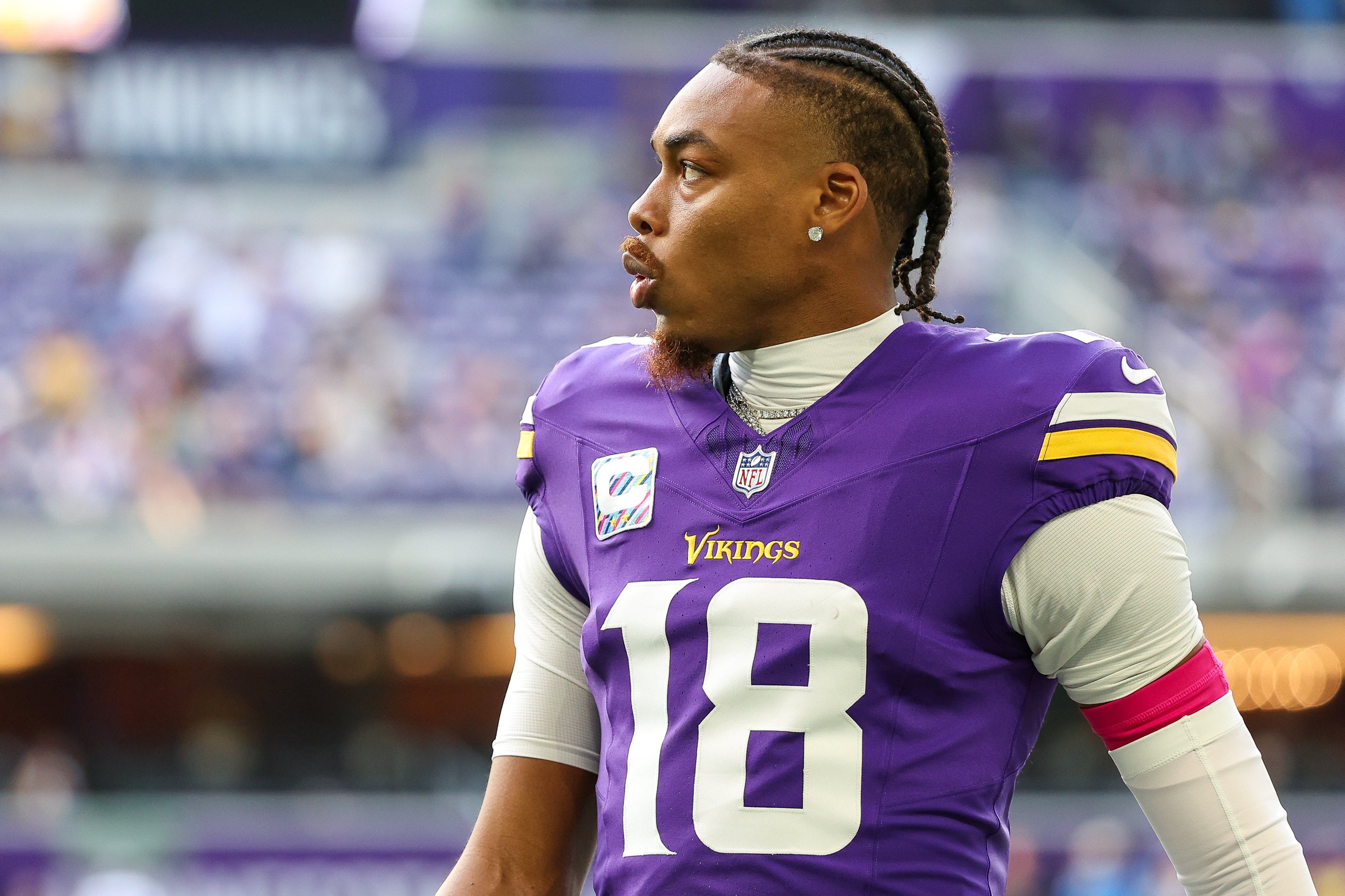 Oct 20, 2024; Minneapolis, Minnesota, USA; Minnesota Vikings wide receiver Justin Jefferson (18) warms up before the game against the Detroit Lions at U.S. Bank Stadium.
