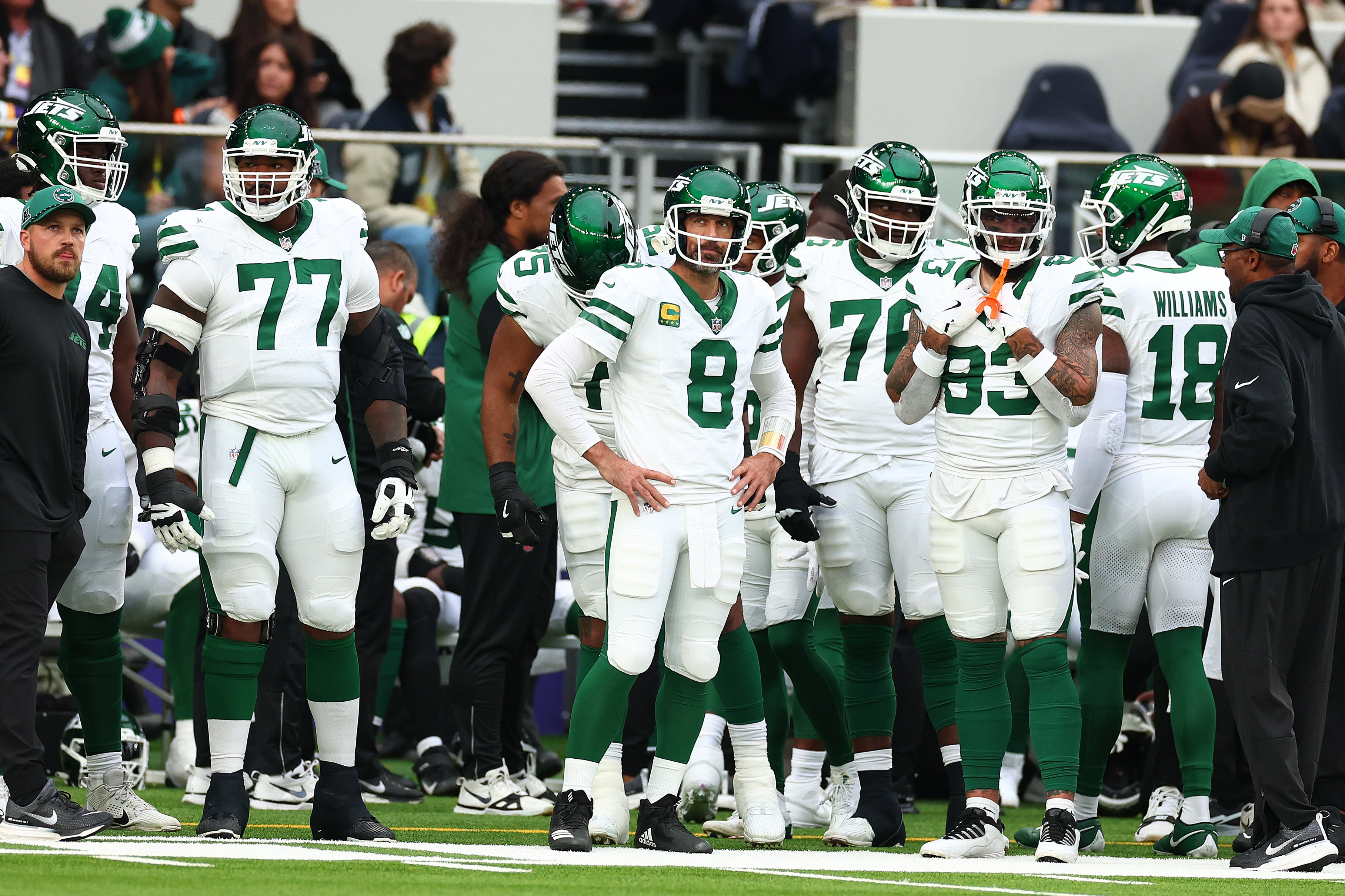 A dejected looking New York Jets offensive line in the 2nd Quarter against against Minnesota Vikings at Tottenham Hotspur Stadium.