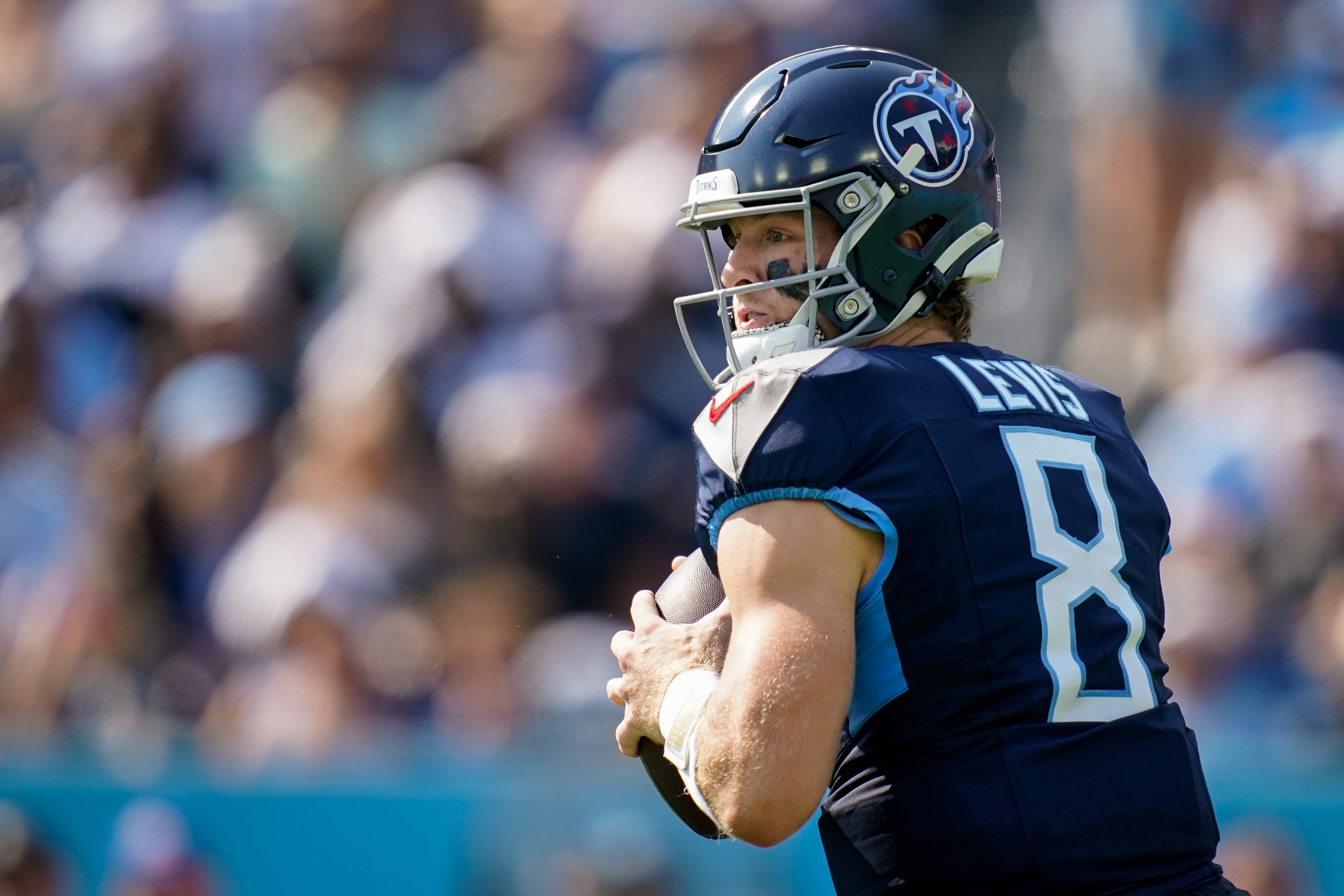 Tennessee Titans quarterback Will Levis (8) looks to pass against the Indianapolis Colts during the first quarter at Nissan Stadium in Nashville, Tenn., Sunday, Oct. 13, 2024 Andrew Nelles / The Tennessean-USA TODAY NETWORK via Imagn Images