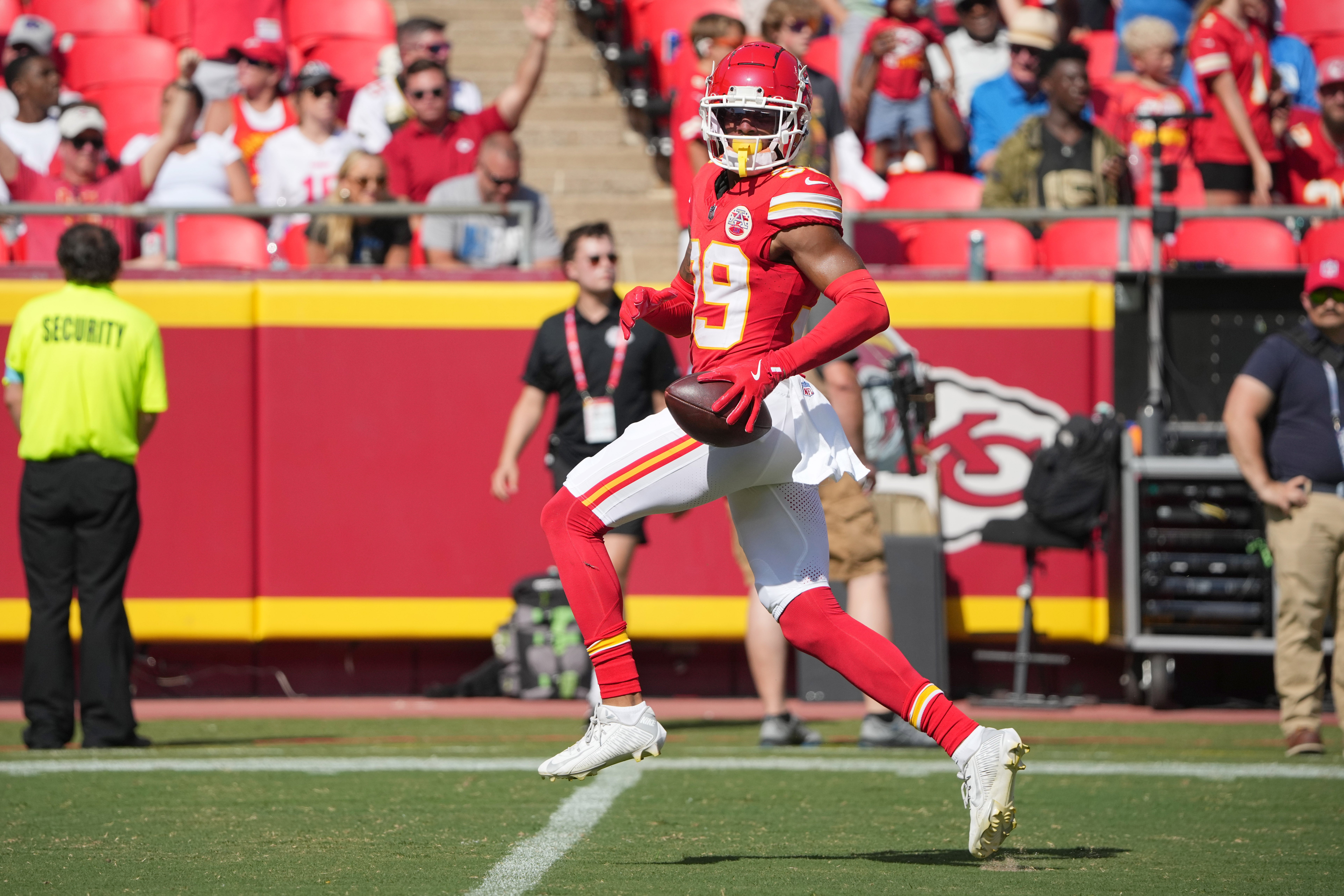 Aug 17, 2024; Kansas City, Missouri, USA; Kansas City Chiefs cornerback Keith Taylor Jr. (39) celebrates after he intercepted a pass against the Detroit Lions during the first half at GEHA Field at Arrowhead Stadium.