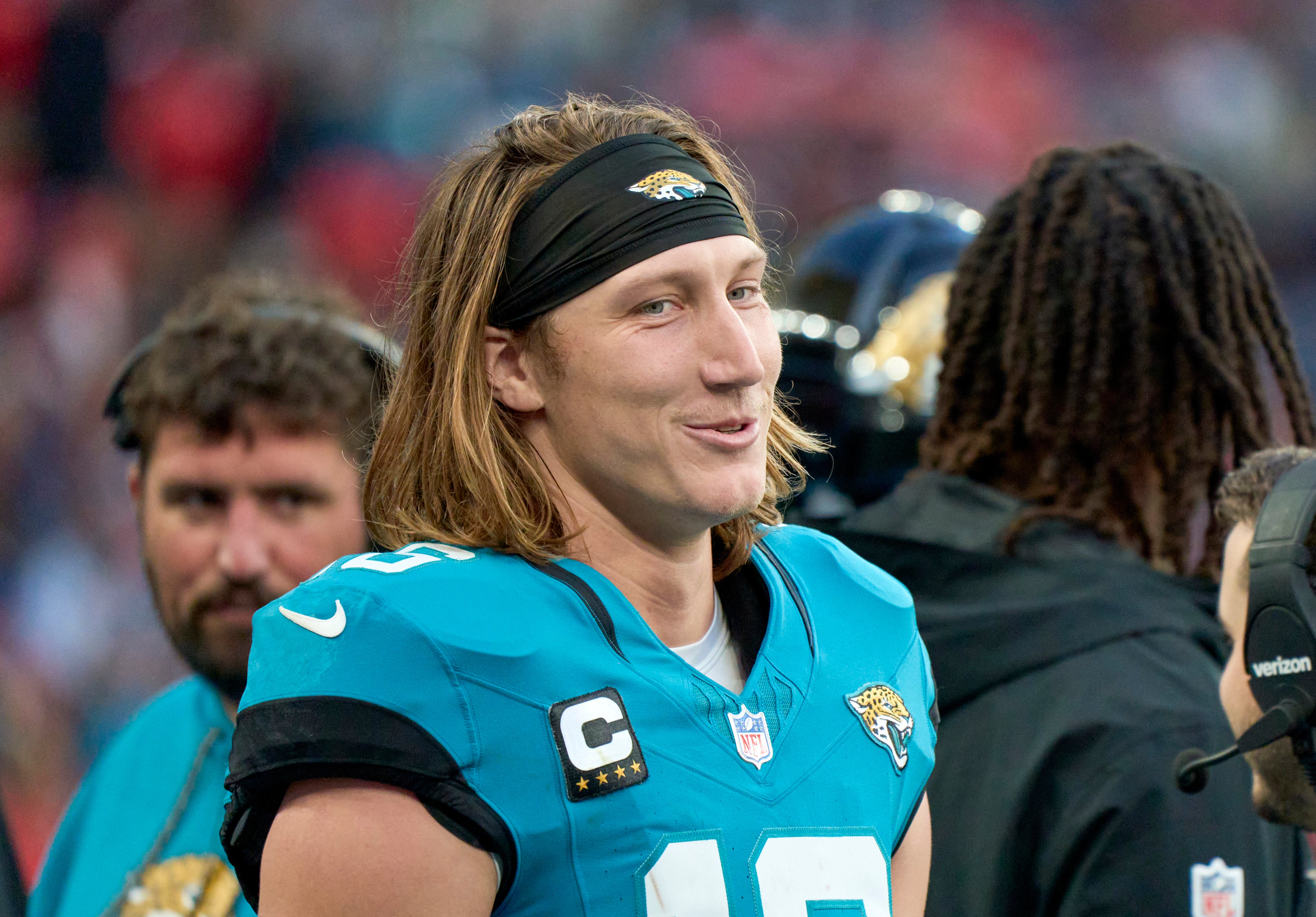Oct 20, 2024; London, United Kingdom; Jacksonville Jaguars quarterback Trevor Lawrence (16) smiles in the second half during an NFL International Series game at Wembley Stadium.