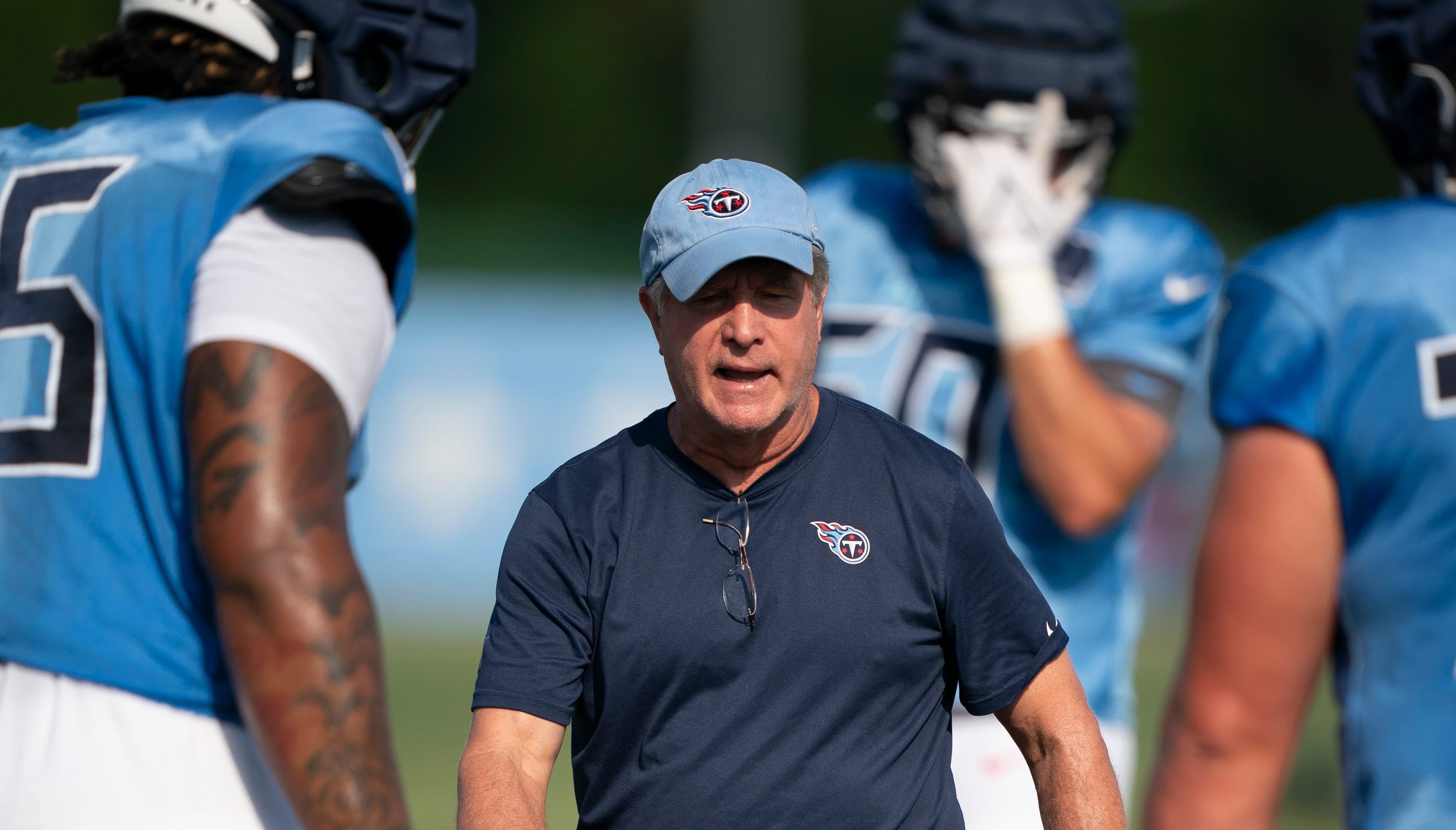 Tennessee Titans Offensive Line Coach Bill Callahan conducts drills during training camp at Ascension Saint Thomas Sports Park in Nashville, Tenn., Saturday, Aug. 3, 2024 Denny Simmons/The Tennessean-USA TODAY NETWORK