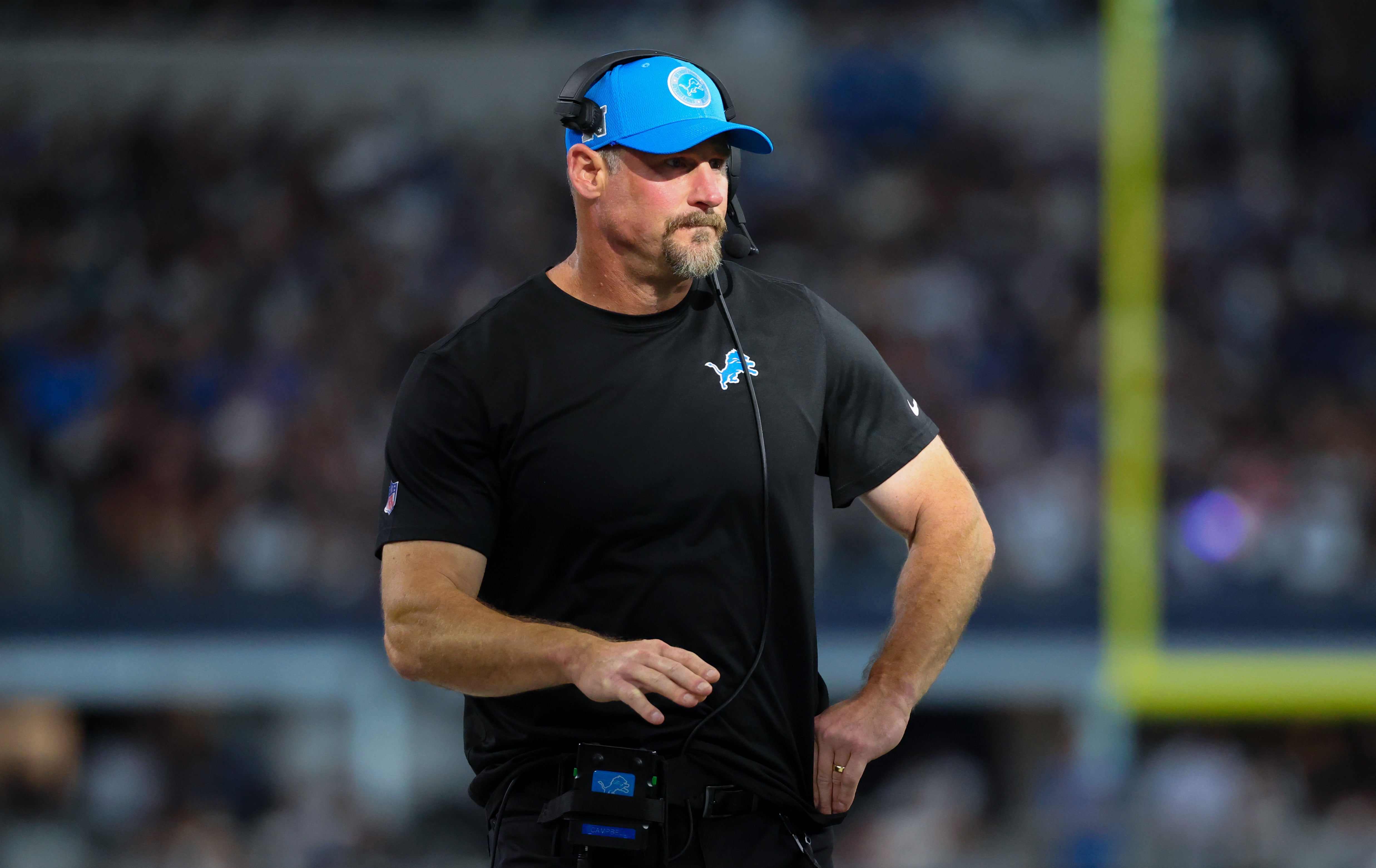 Detroit Lions head coach Dan Campbell looks on during the first half against the Dallas Cowboys at AT&T Stadium. Kevin Jairaj-Imagn Images
