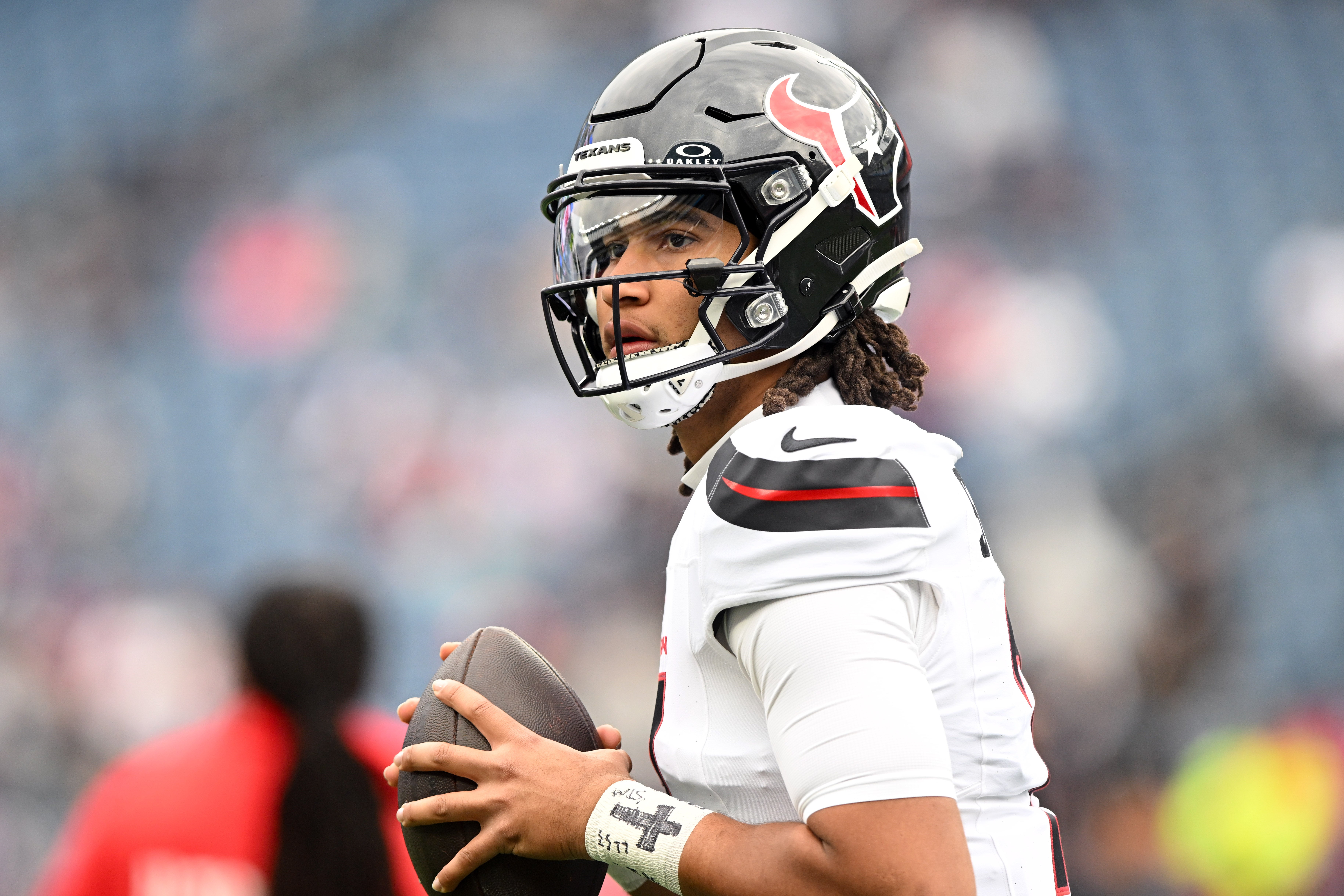 Oct 13, 2024; Foxborough, Massachusetts, USA; Houston Texans quarterback C.J. Stroud (7) looks to throw the ball before a game against the New England Patriots at Gillette Stadium.