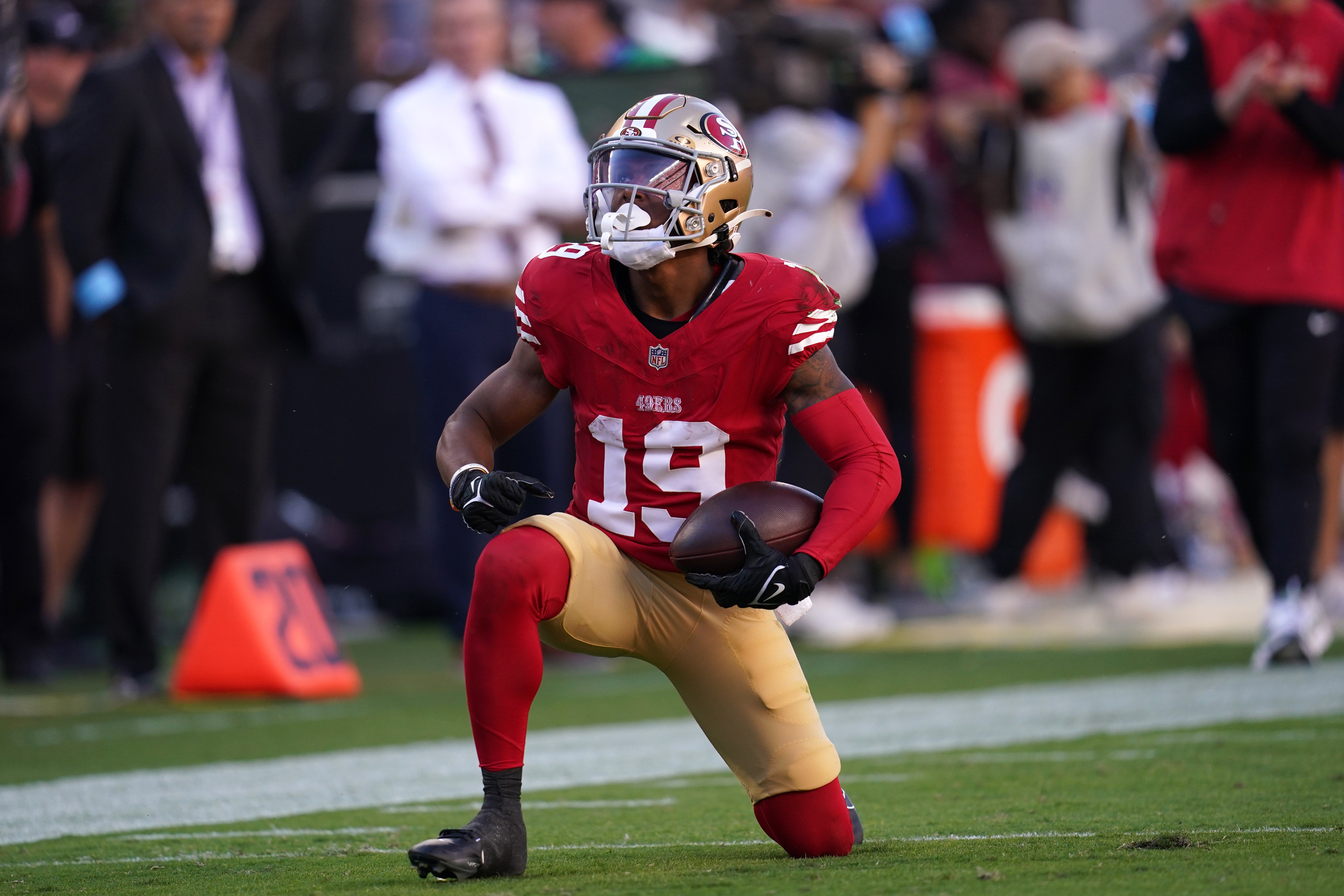 San Francisco 49ers wide receiver Jacob Cowing (19) reacts after making a catch for a first down against the Kansas City Chiefs in the fourth quarter at Levi's Stadium.