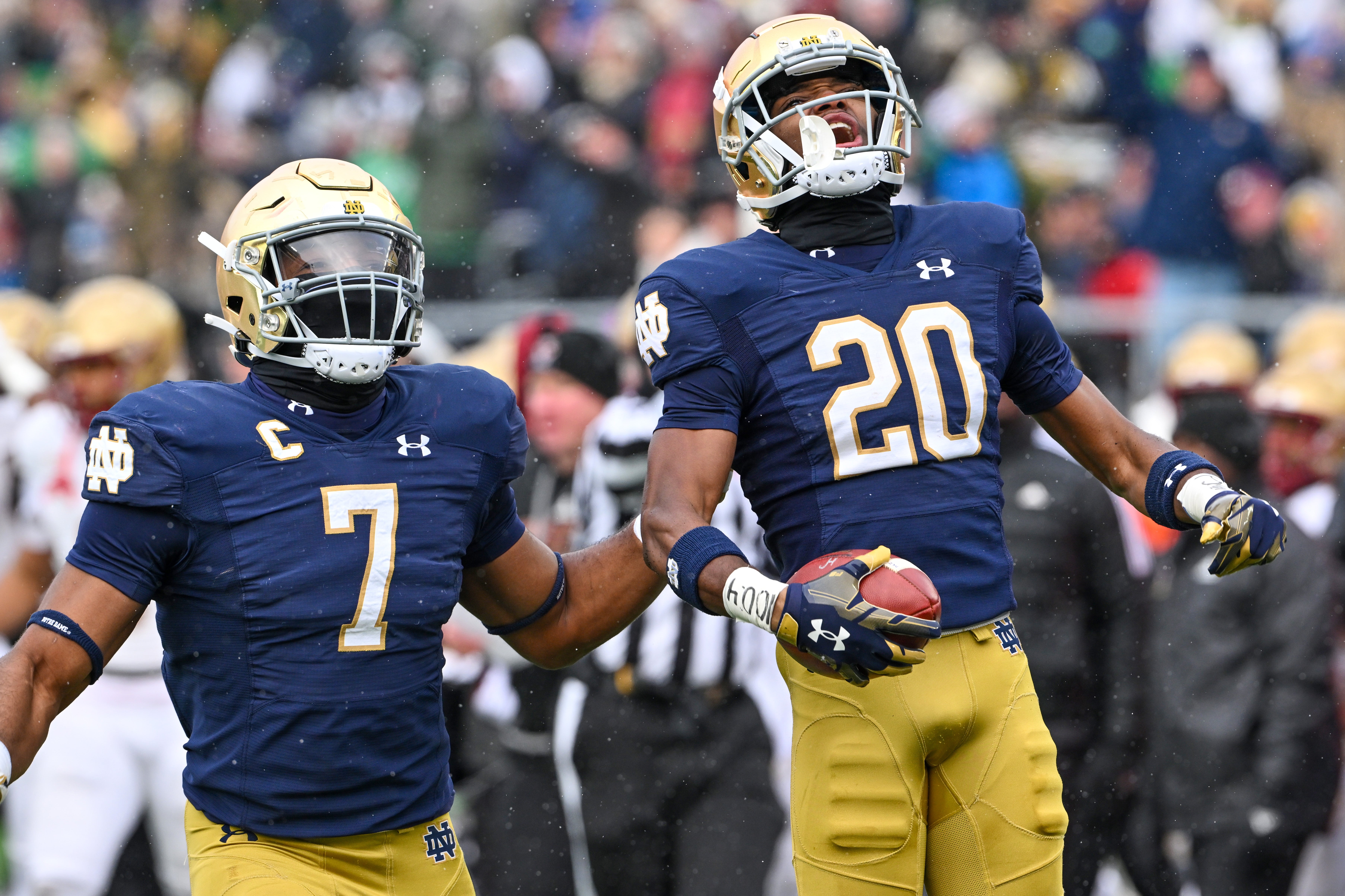 Notre Dame Fighting Irish cornerback Benjamin Morrison (20) celebrates after an interception in the first quarter against the Boston College Eagles at Notre Dame Stadium.