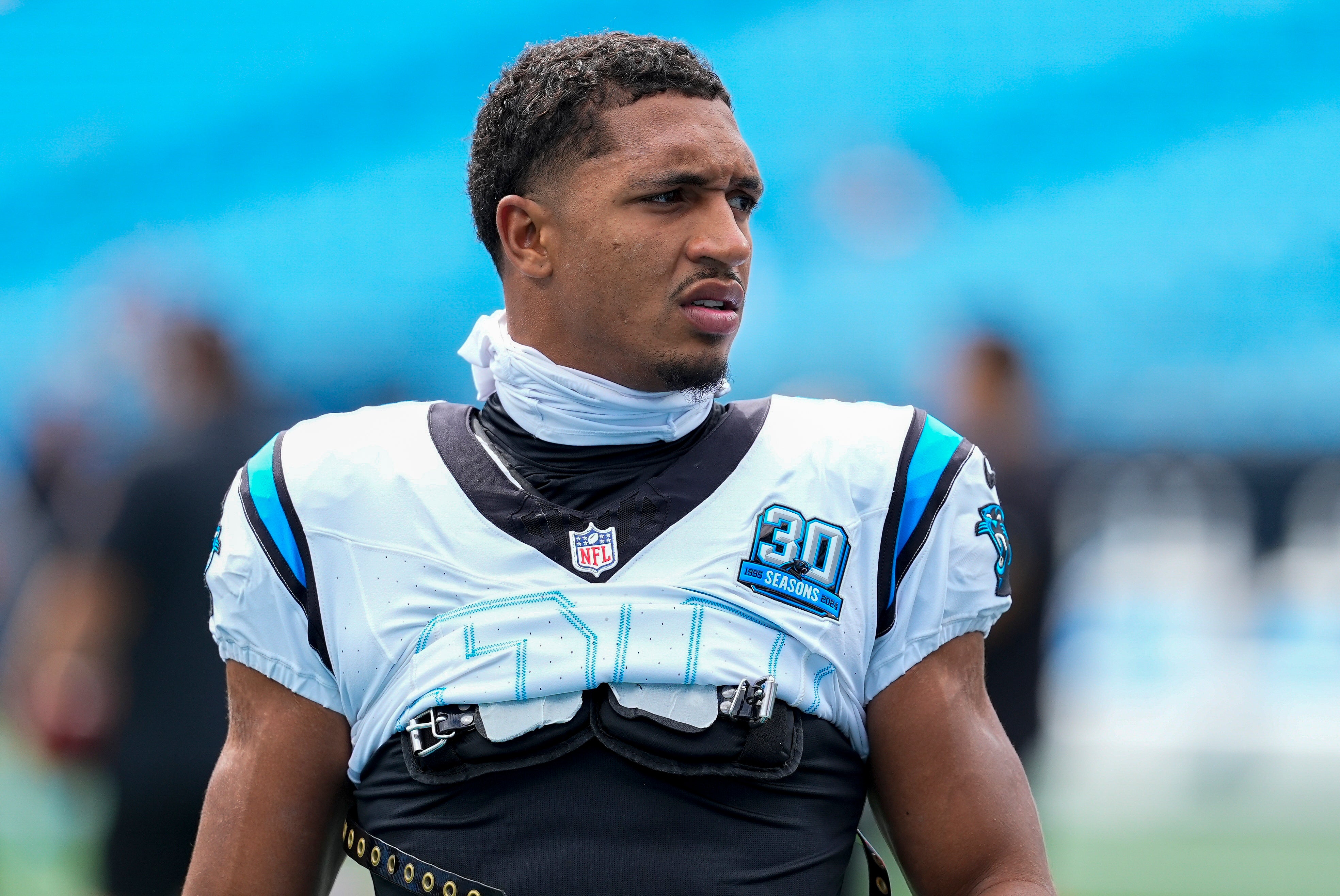 Sep 29, 2024; Charlotte, North Carolina, USA; Carolina Panthers running back Chuba Hubbard (30) during pregame warm ups against the Cincinnati Bengals at Bank of America Stadium.