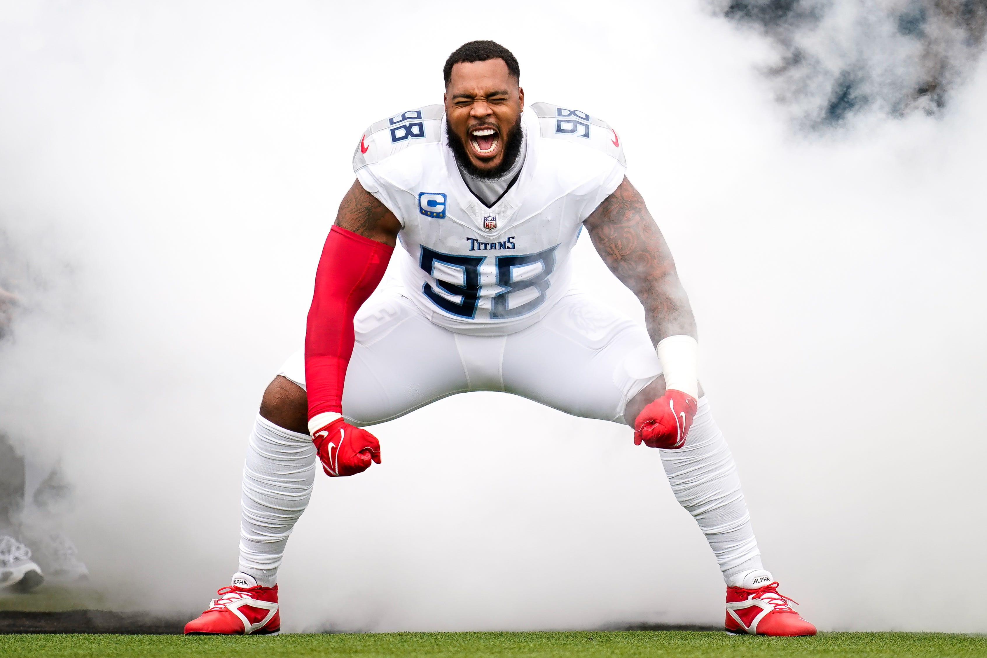 Tennessee Titans defensive tackle Jeffery Simmons heads to the field before a game against the New York Jets at Nissan Stadium in Nashville, Tenn., Sunday, Sept. 15, 2024.