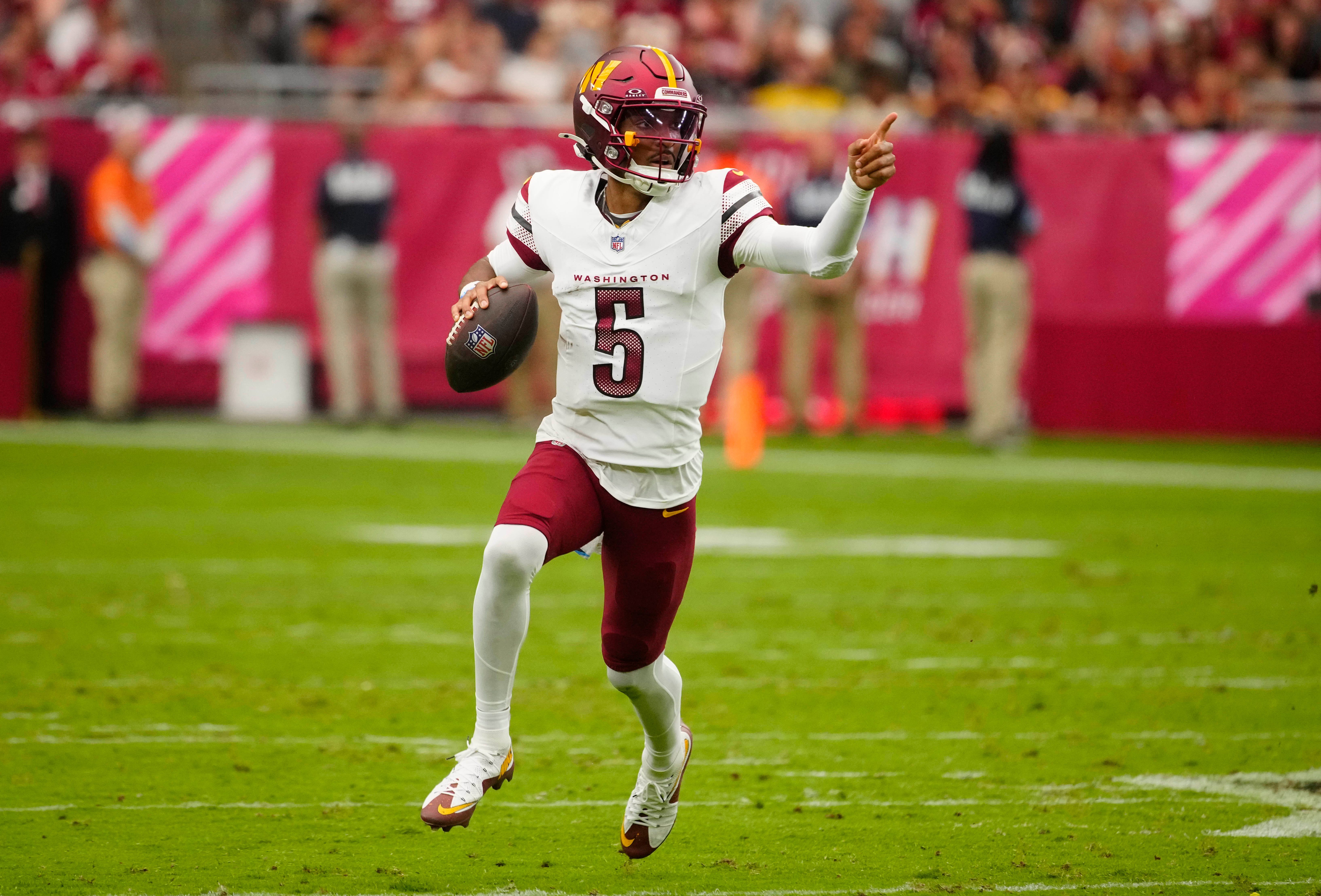 Despite missing almost all of last week's game with a rib injury, Washington Commanders rookie Jayden Daniels still ranks third among quarterbacks this season in fantasy points per game. He faces fellow rookie QB Caleb Williams and the Chicago Bears this week.